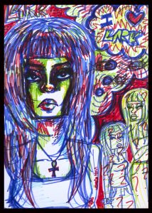 Colourful marker drawing of a woman with vibrant hair, heavy make-up, and an ankh necklace. Two smaller sketches of women and the words I ♥ Lurk appear in a busy, abstract background.