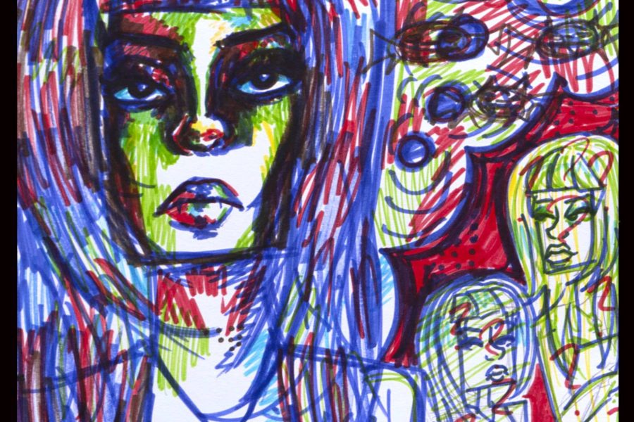 Colourful marker drawing of a woman with vibrant hair, heavy make-up, and an ankh necklace. Two smaller sketches of women and the words I ♥ Lurk appear in a busy, abstract background.