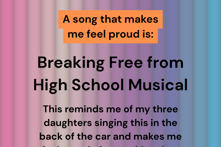 Text on a pink and blue striped background reads: A song that makes me feel proud is: Breaking Free from High School Musical… This reminds me of my three daughters singing this… makes me feel proud… From Nicola..