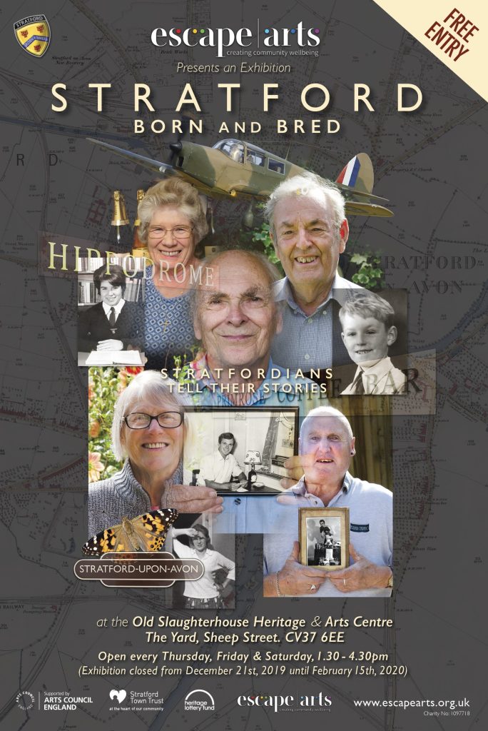 Poster for the Stratford Born and Bred exhibition, showing older people holding photos, with Stratford landmarks, vintage aeroplane, and text overlaid. Event details appear at the bottom.