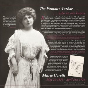 A vintage photo of author Marie Corelli in Victorian dress, surrounded by text about her life and literary achievements, with a quotation, a letter image, and her birth and death dates: 1 May 1855 – 21 April 1924.