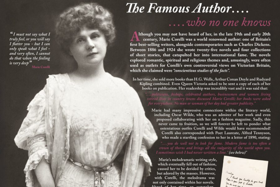 A vintage photo of author Marie Corelli in Victorian dress, surrounded by text about her life and literary achievements, with a quotation, a letter image, and her birth and death dates: 1 May 1855 – 21 April 1924.