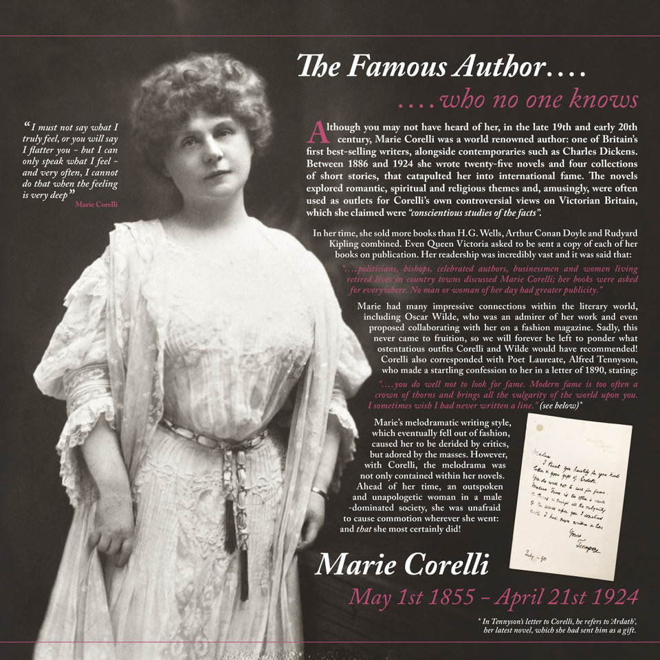 A vintage photo of author Marie Corelli in Victorian dress, surrounded by text about her life and literary achievements, with a quotation, a letter image, and her birth and death dates: 1 May 1855 – 21 April 1924.