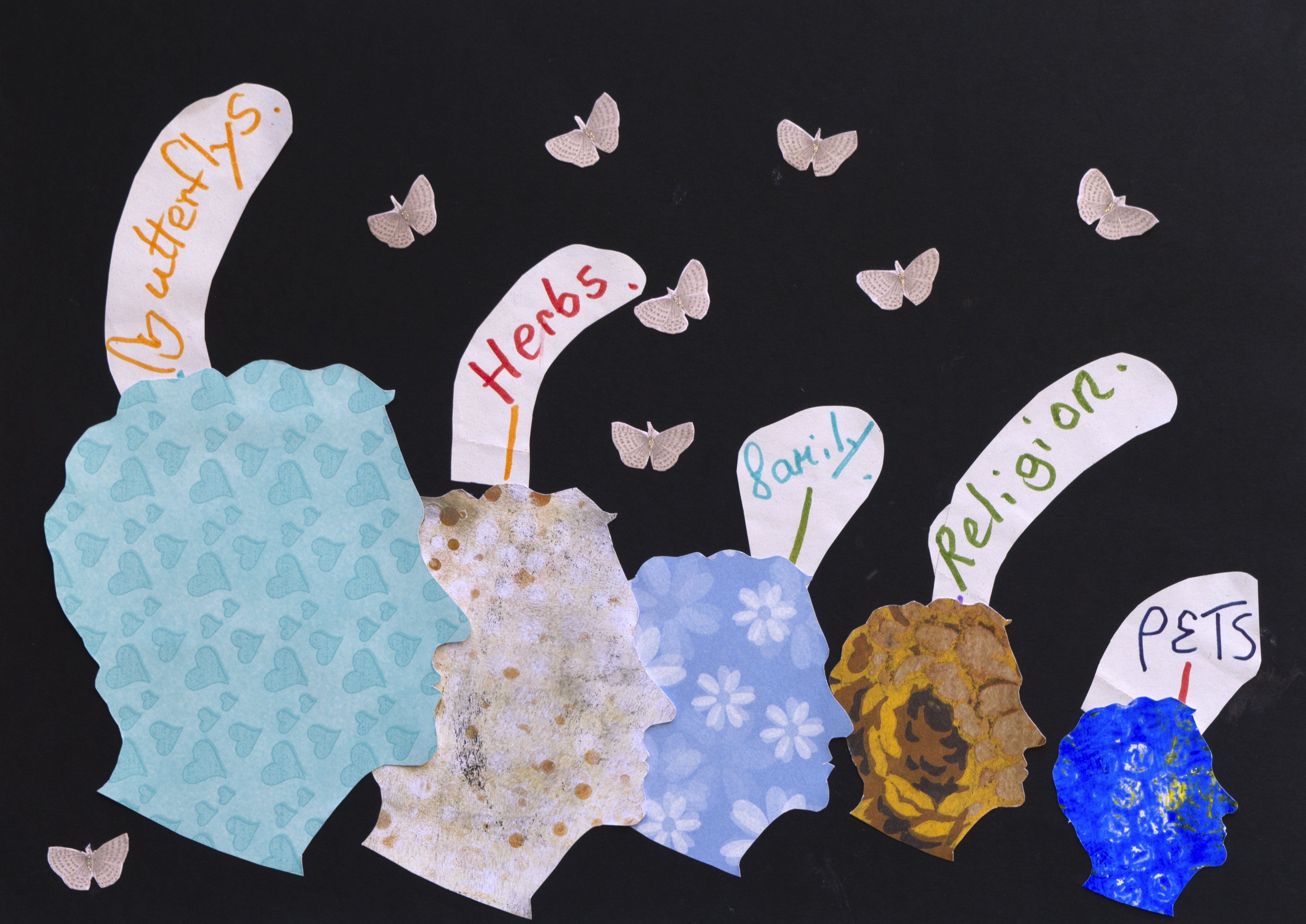 A collage showing five colourful paper silhouettes with words like Butterflies, Herbs, Basil, Religion, and Pets above them. White butterflies are scattered on a black background.