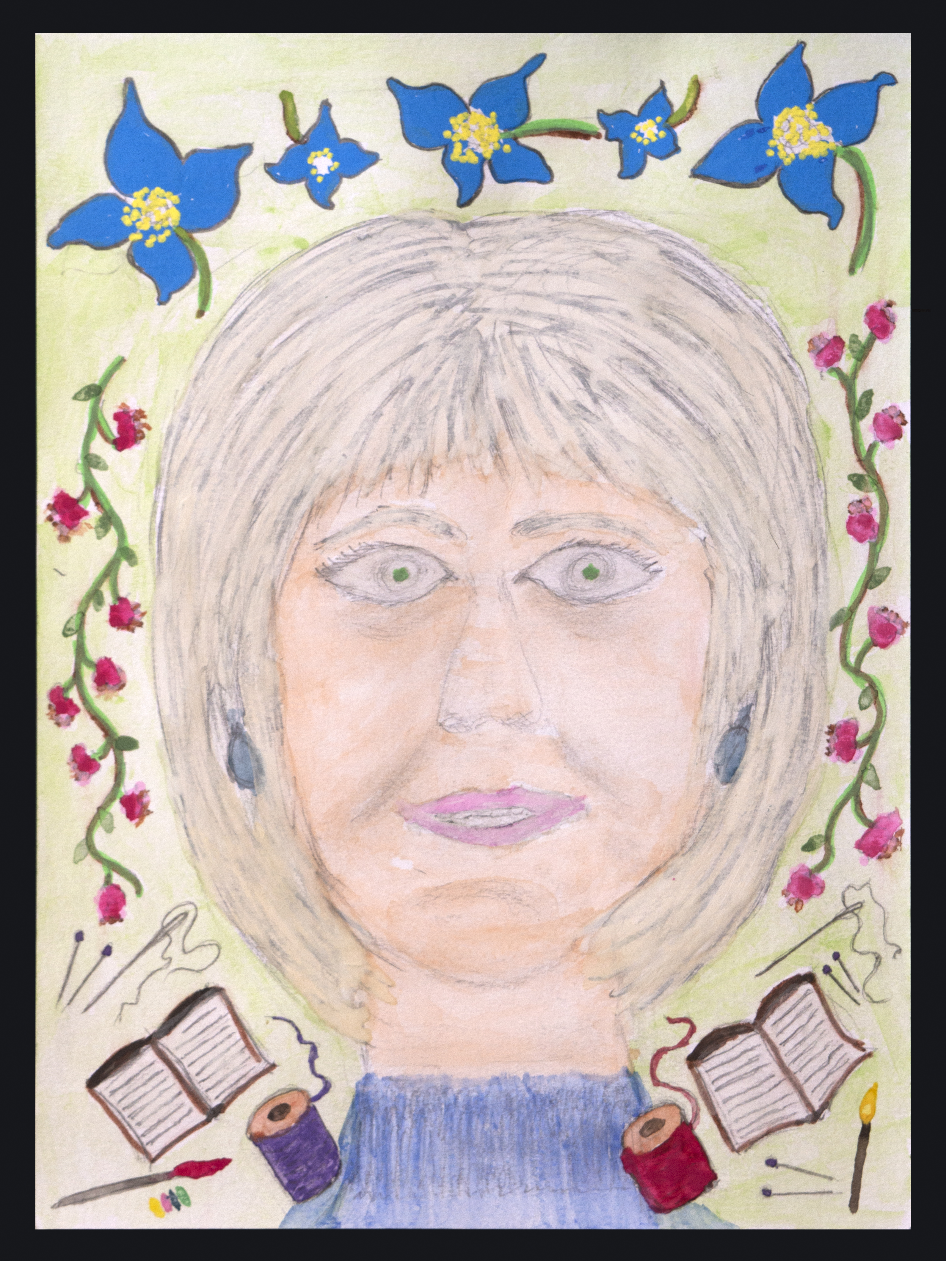 A drawing of a woman with fair hair, framed by blue flowers at the top and flowering vines on the sides. At the bottom are open books, reels of thread, needles, and a paintbrush against a pale green background.