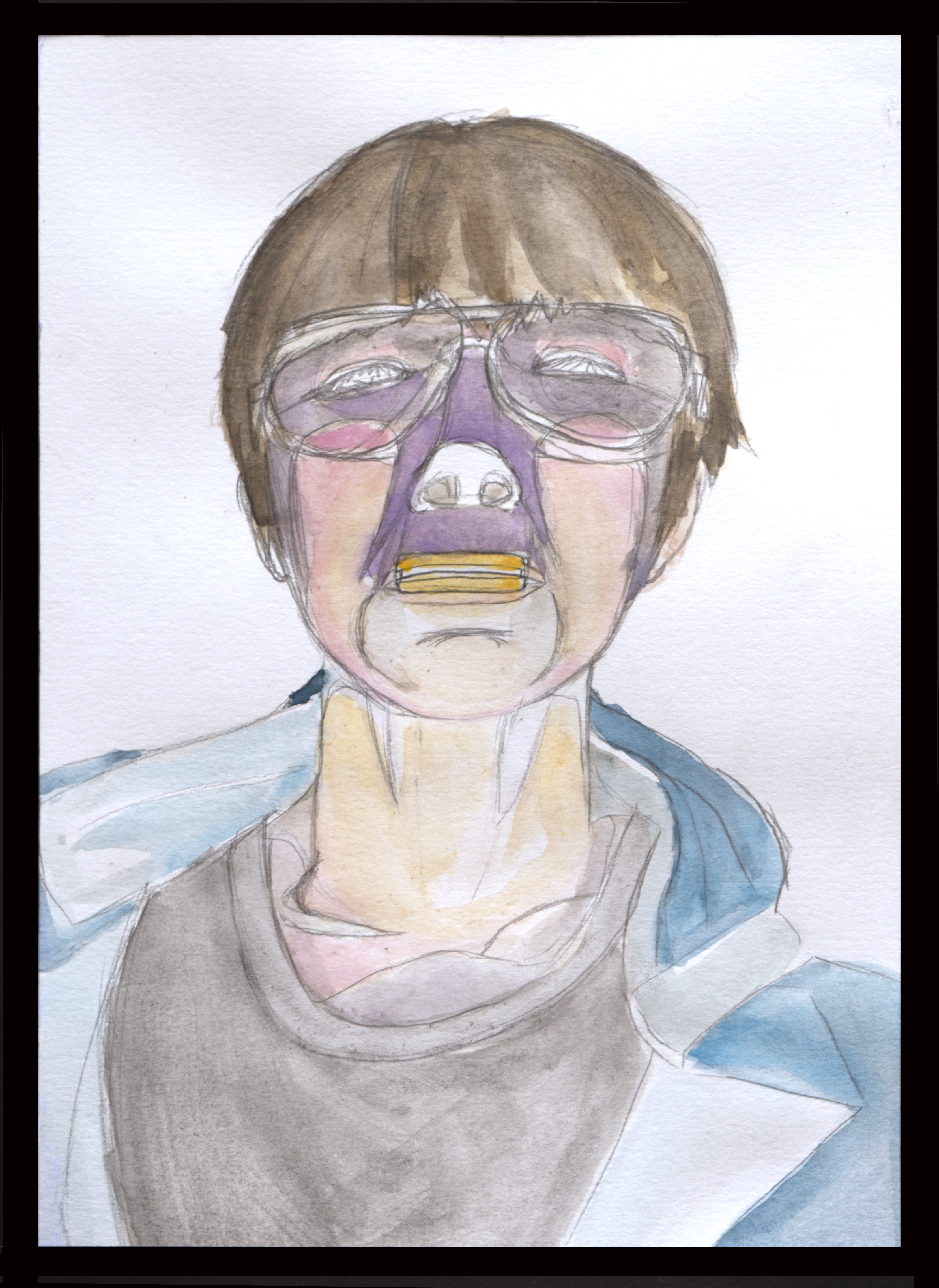 A watercolour portrait of a person wearing glasses and a blue jacket, with a purple and yellow object over their nose and mouth, and a serious expression.