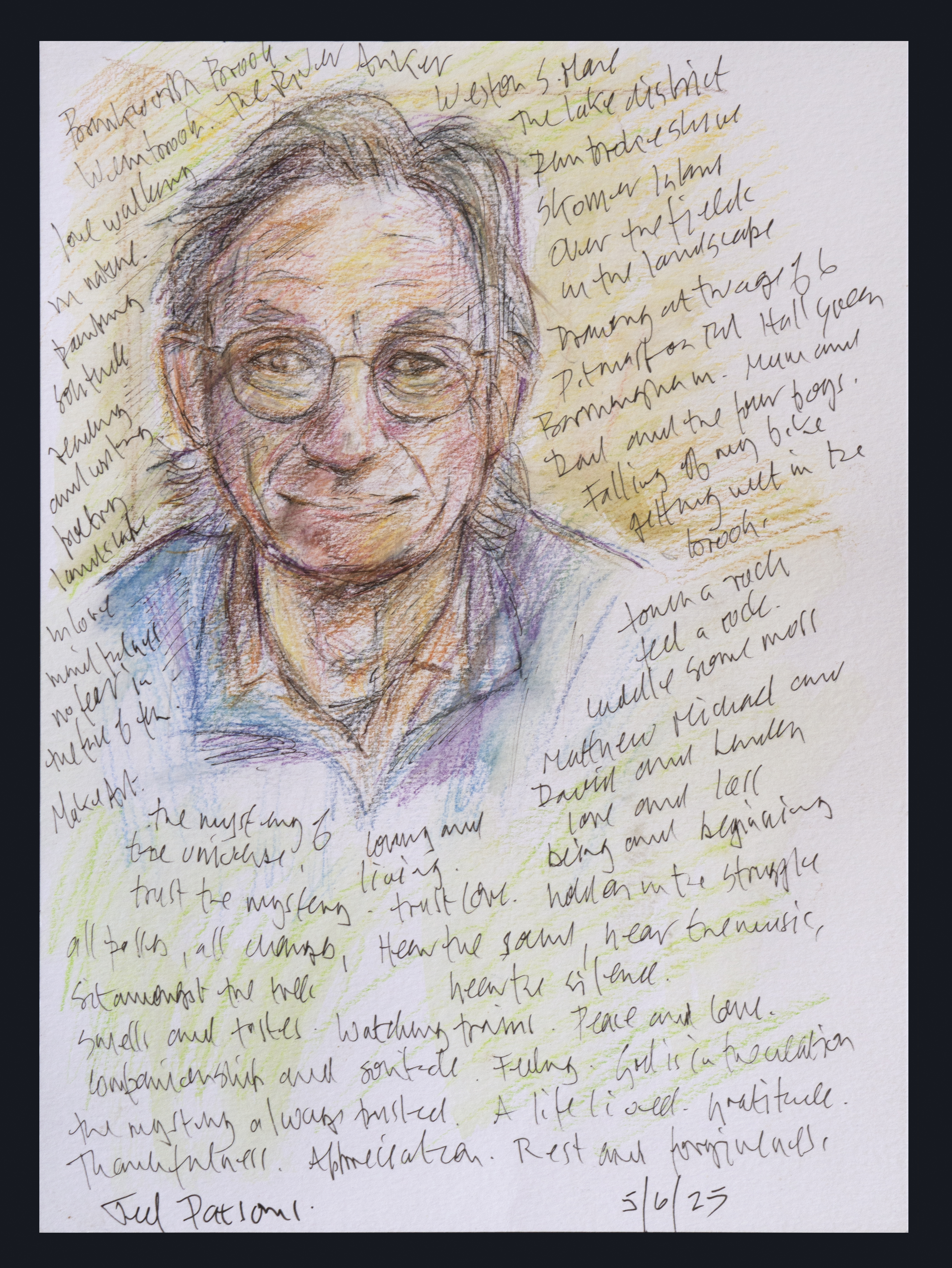 A colourful portrait sketch of a man wearing glasses, surrounded by handwritten notes about memories, nature, and reflections on life, signed by Jed Parsons and dated 6/5/23.