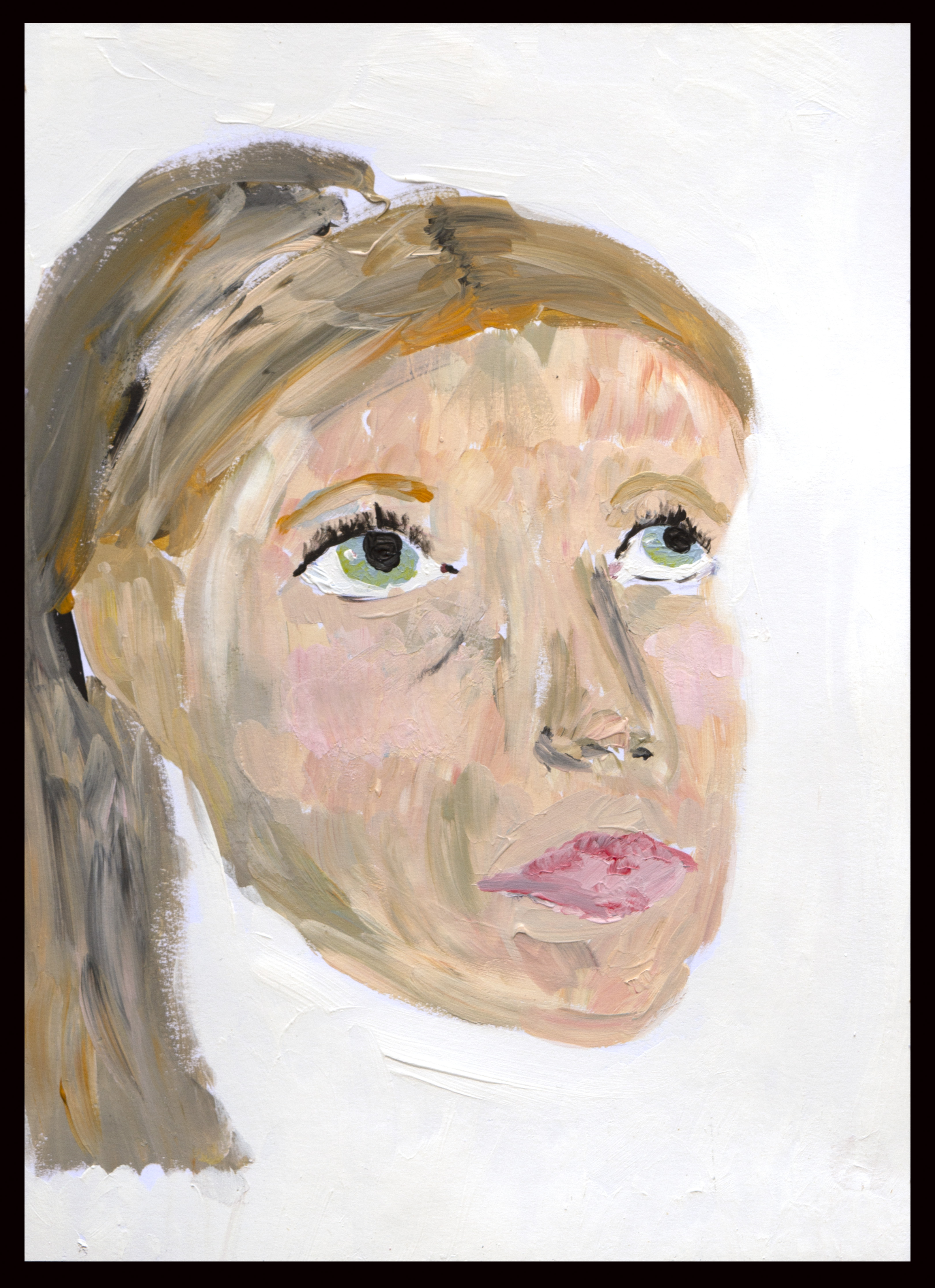 An abstract painting of a woman's face with green eyes and light brown hair, looking upward. The background is white, and brushstrokes are visible on the skin and hair.