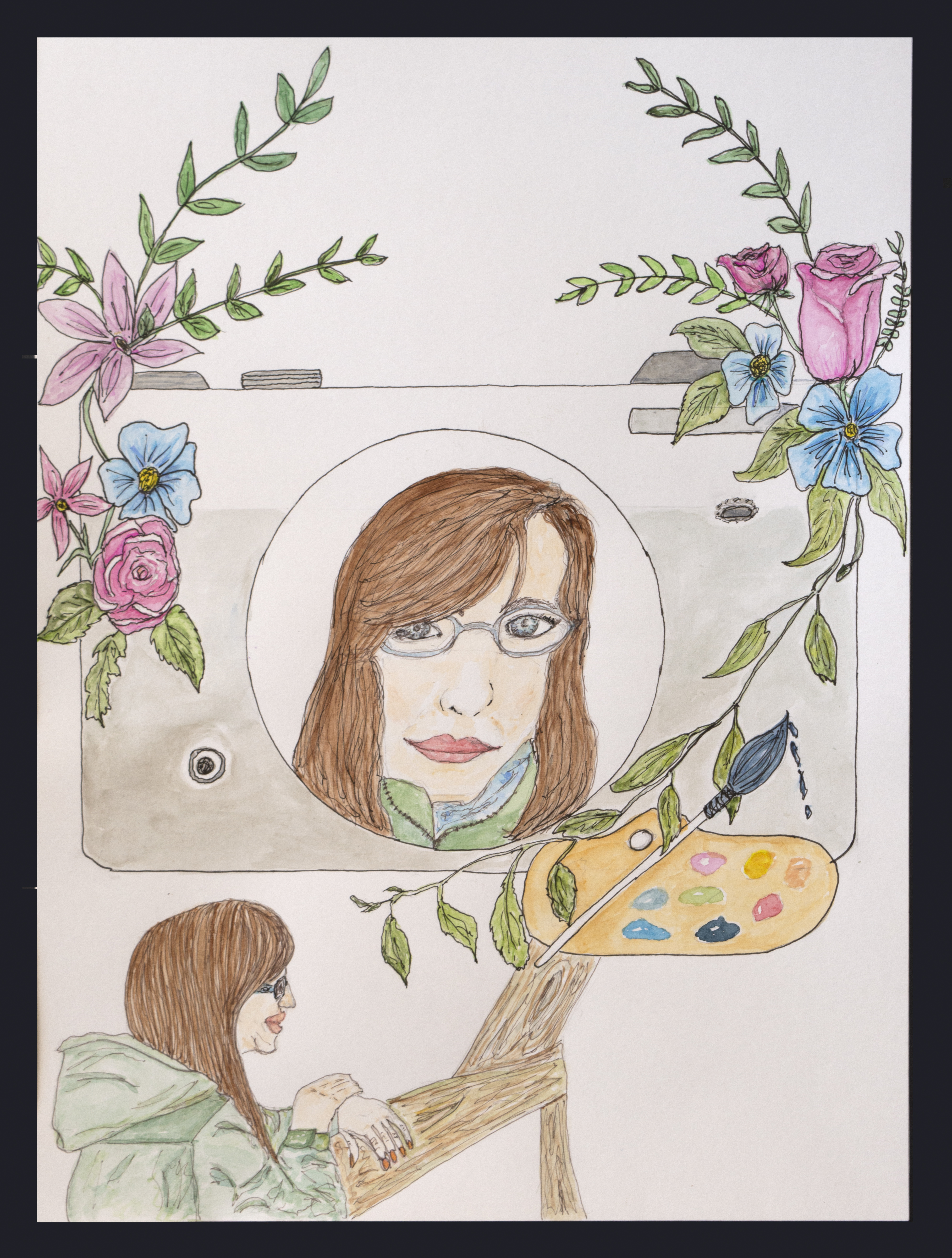 A woman painting at an easel appears in the foreground. Behind her, a large camera with floral decorations frames a portrait of the same woman, blending elements of photography, painting, and nature.