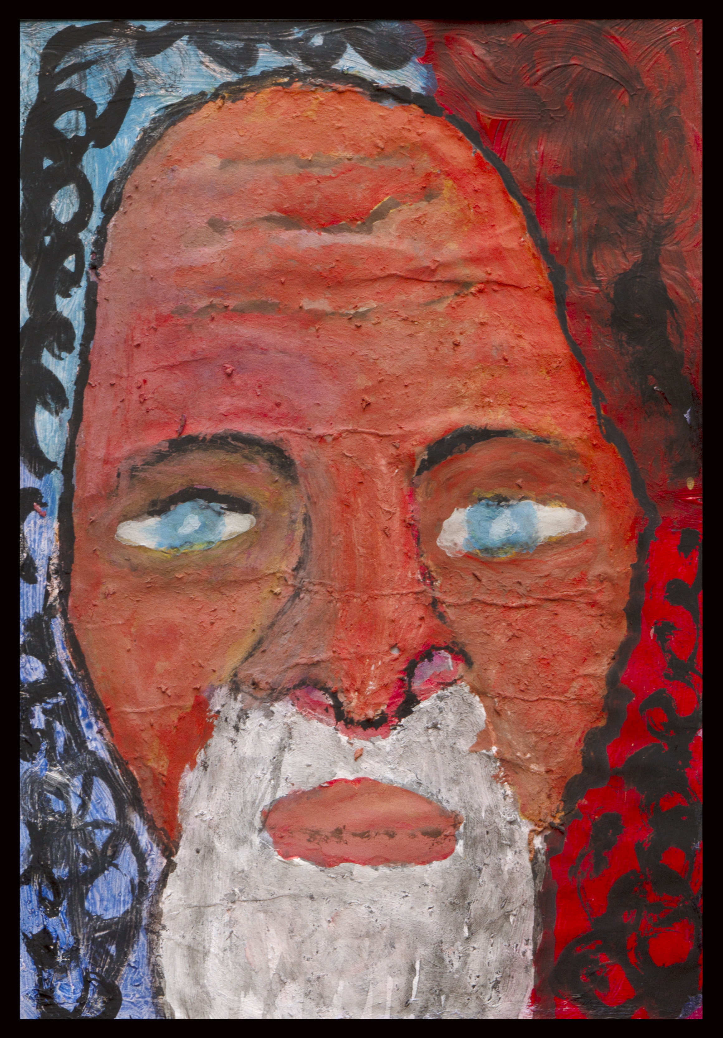 Abstract painting of a person with reddish-brown skin, white beard, blue and white eyes, and no visible pupils, set against a mixed red, blue, and black background with swirling patterns.