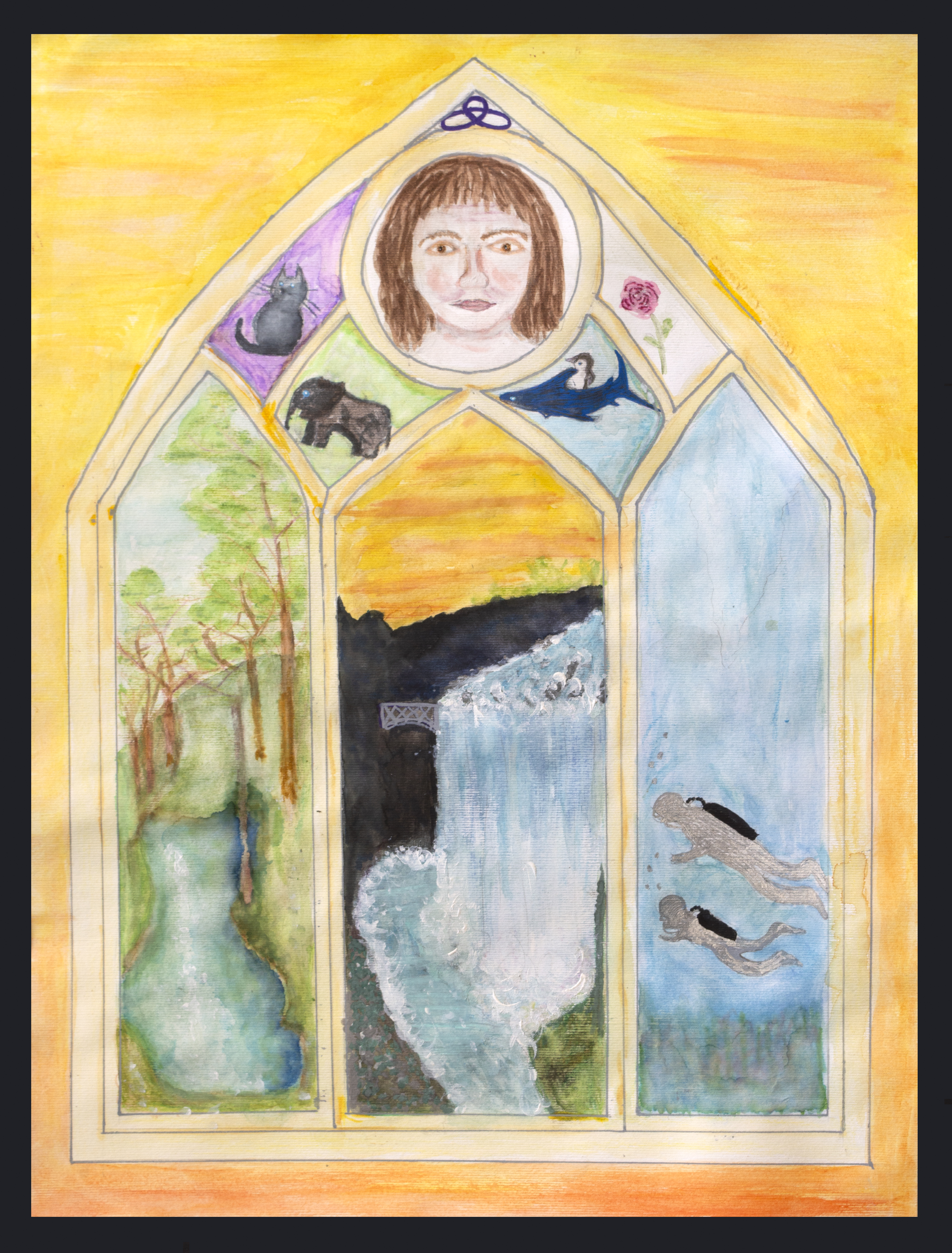 A stained glass-style painting with a girl's face at the top, animals and a flower around her, and three panels below: a forest stream, a waterfall, and two people swimming in blue water.