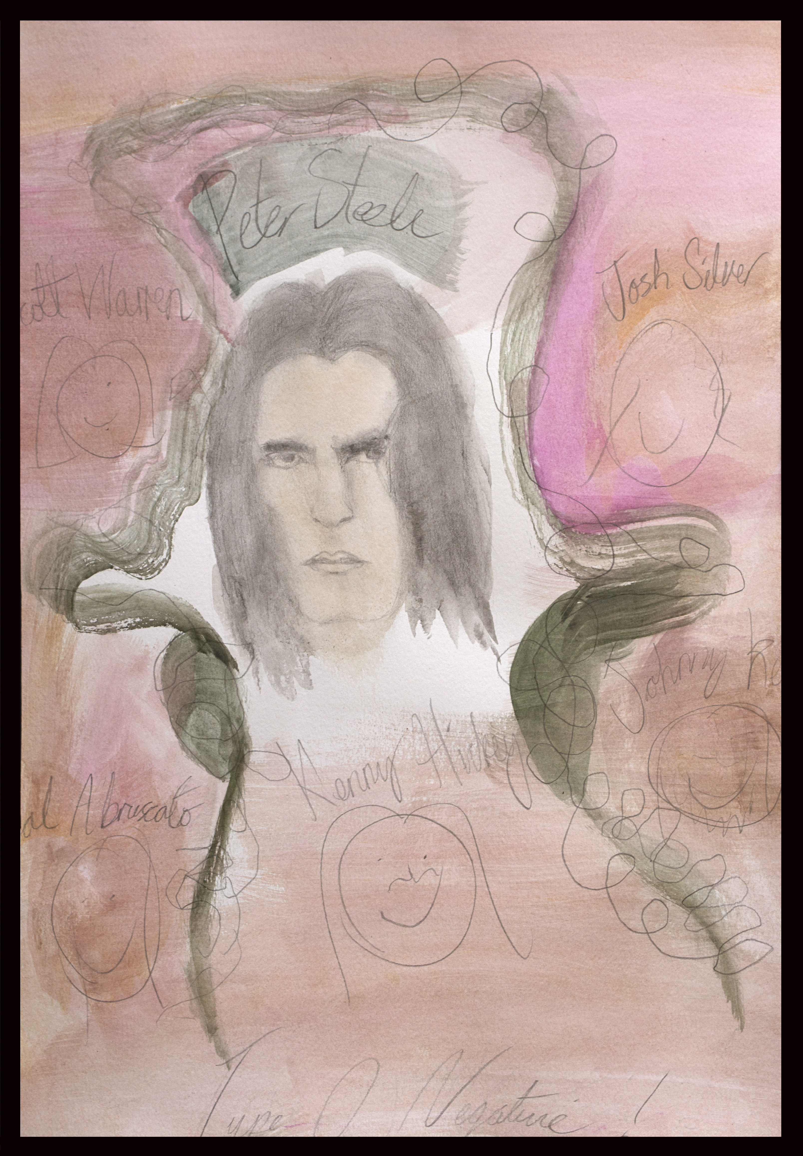 A watercolour portrait of a long-haired person with names like Peter Steele, Josh Silver, and Kenny Hickey surrounding the face, set against a pink and green abstract background with swirling lines.