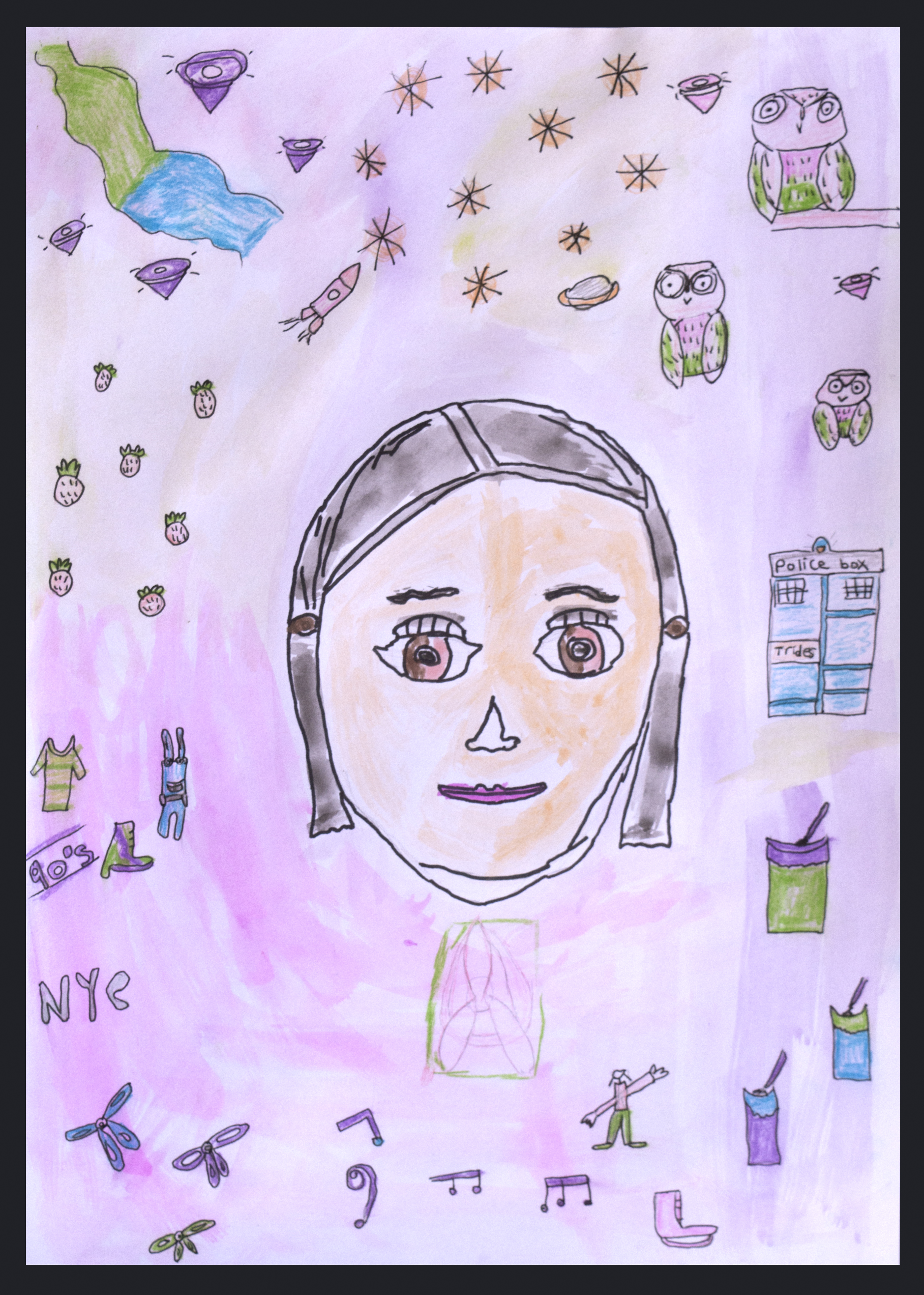 Child's drawing of a person's face surrounded by various doodles: owls, police box, clothes, dragonflies, strawberries, books, stars, musical notes, and the word NYC on a purple-pink background.