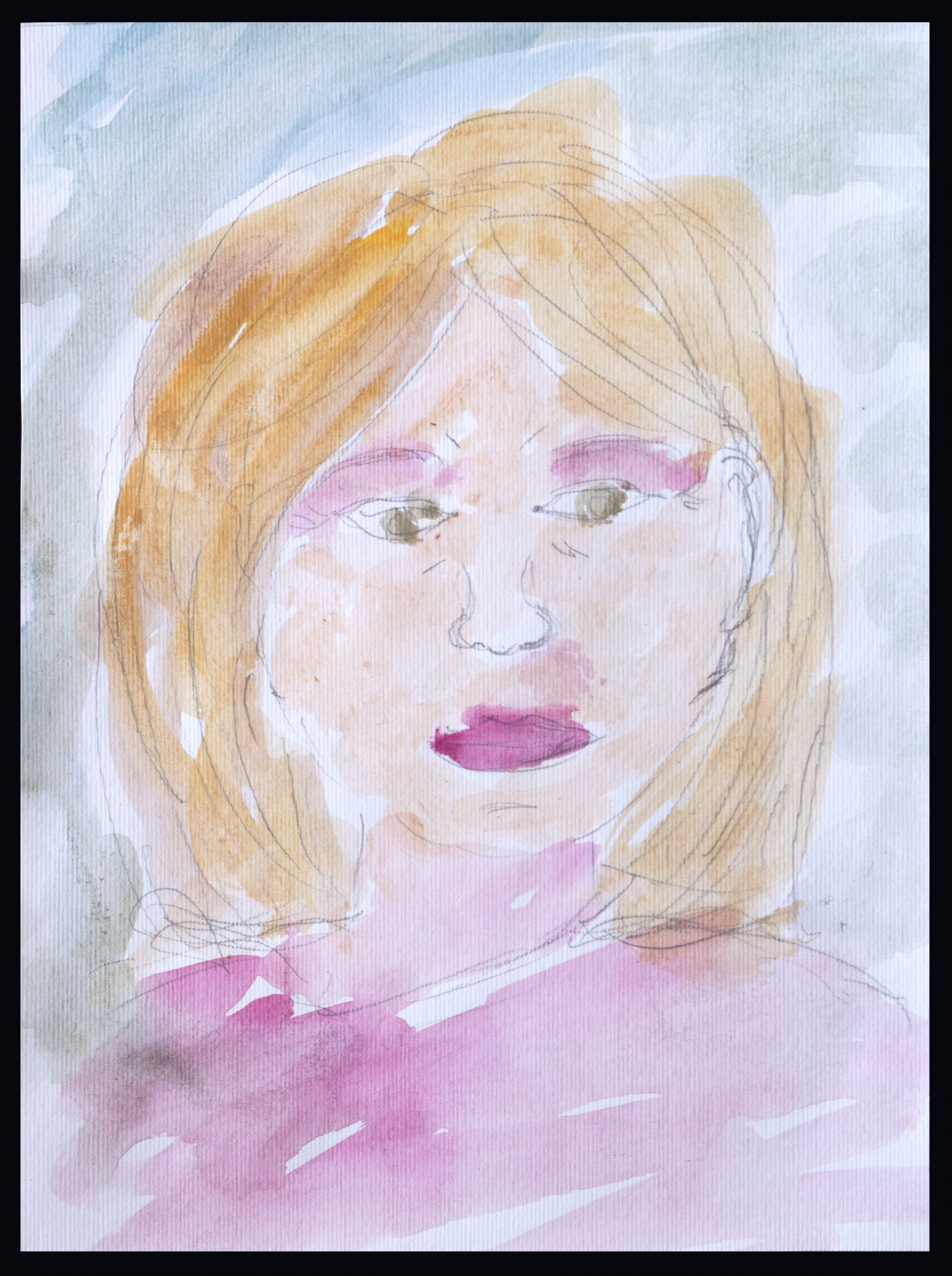 A watercolour painting of a person with light brown hair, pink lips, and a pinkish top. The background is a mix of soft blue, grey, and white hues, giving a dreamy, abstract feel.