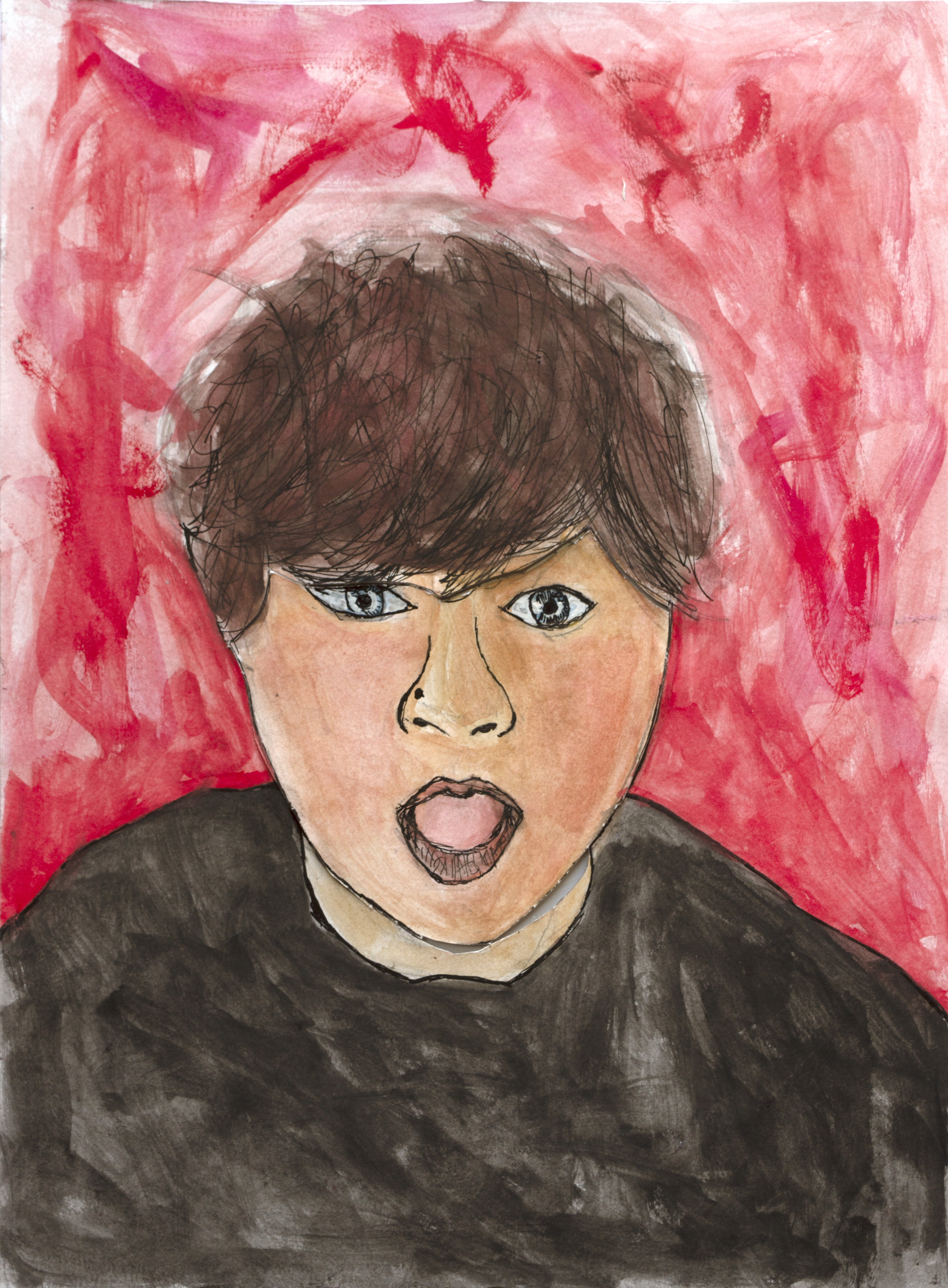 A watercolour portrait of a person with short brown hair, brown eyes, and a surprised expression, wearing a dark shirt against a red textured background.