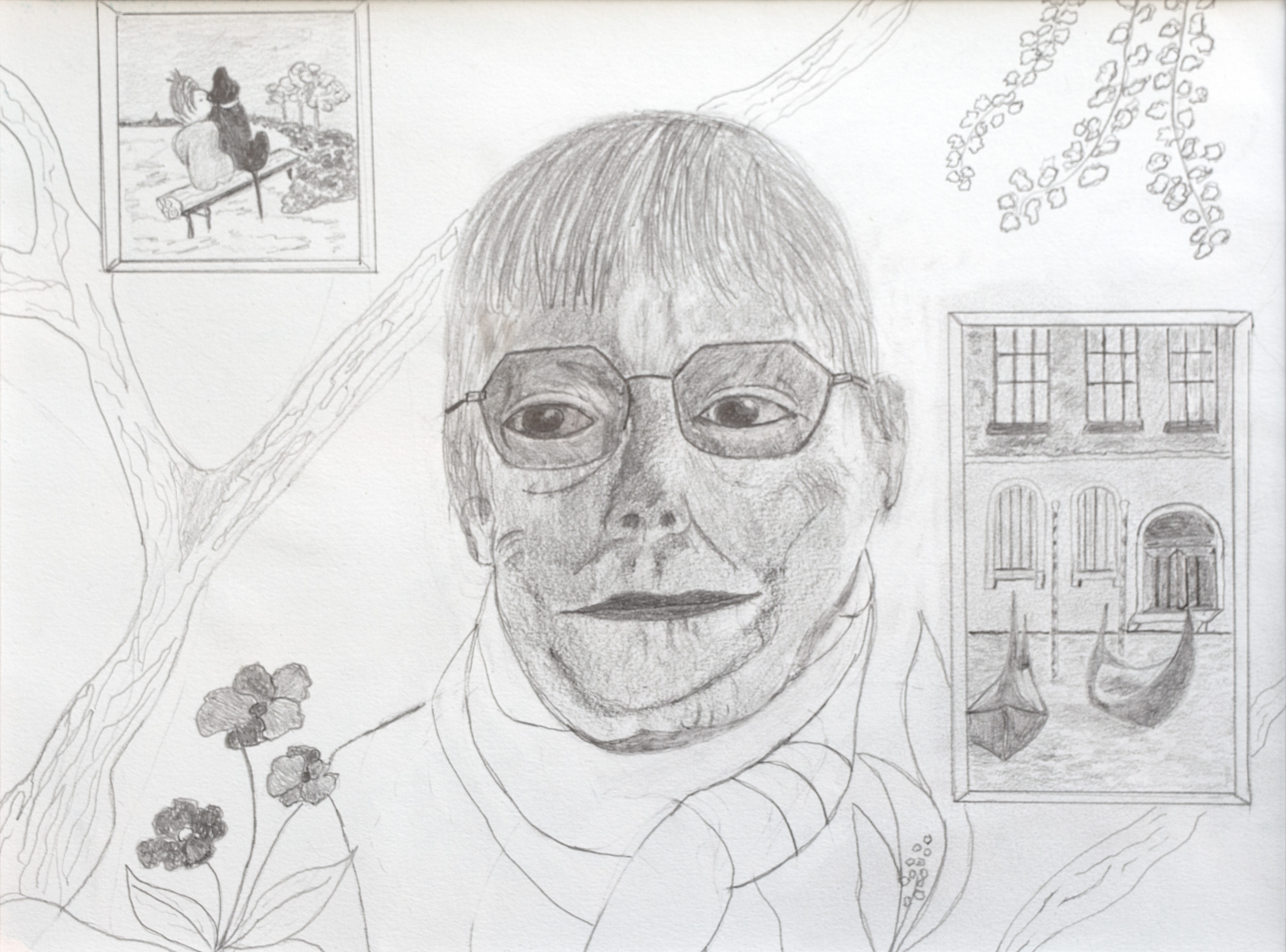Pencil drawing of an older person with glasses, tree branches, flowers, and two framed pictures: one of a person and a dog on a bench, and another of boats by a canal with buildings.