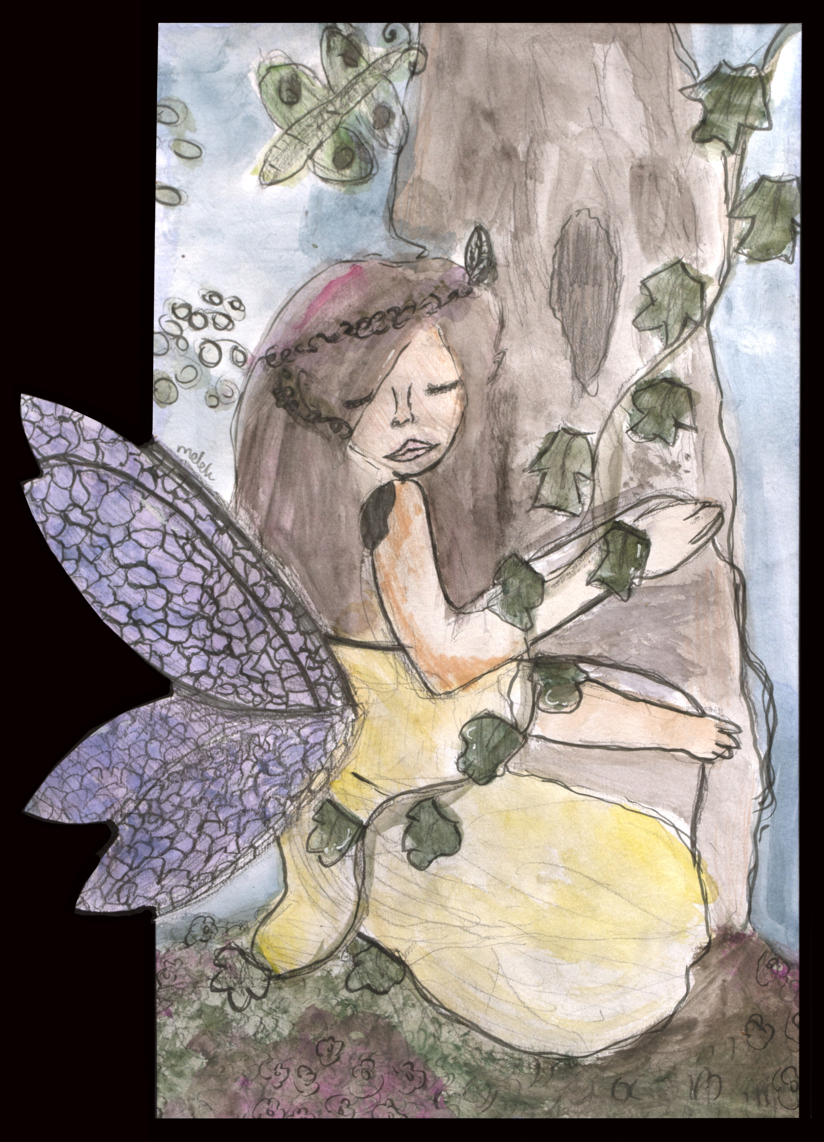 A fairy with purple wings and a yellow dress sits by a tree, surrounded by green leaves and vines. She has long brown hair, a flower crown, and closed eyes. Butterflies fly in the sky above her.