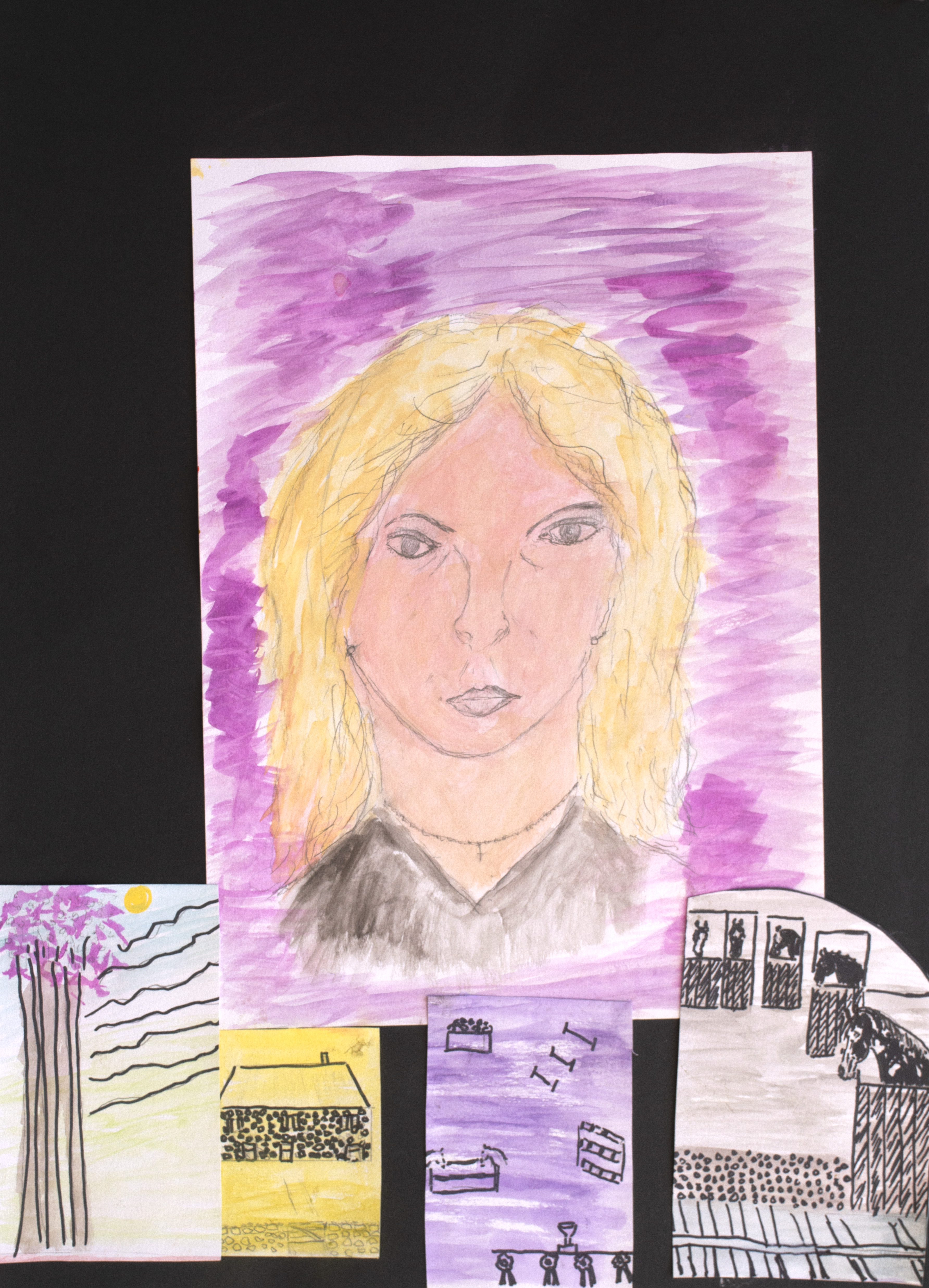 A watercolour painting of a person with blond hair and a purple background is surrounded by three smaller drawings featuring buildings, trees, people, and abstract patterns, all mounted on a black surface.
