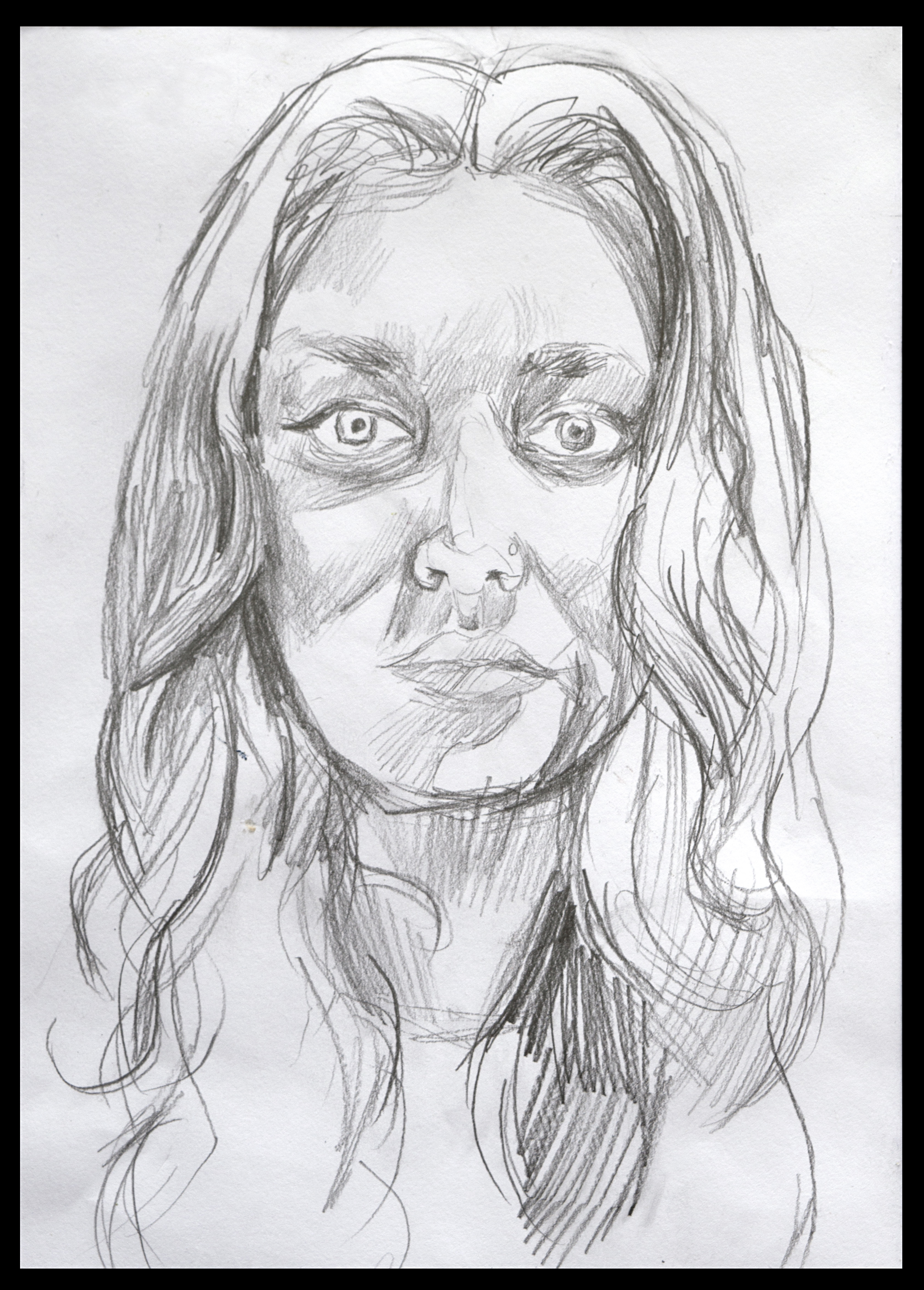 A pencil sketch of a person with long, wavy hair, large eyes, and a neutral expression, drawn on white paper with visible shading and details.