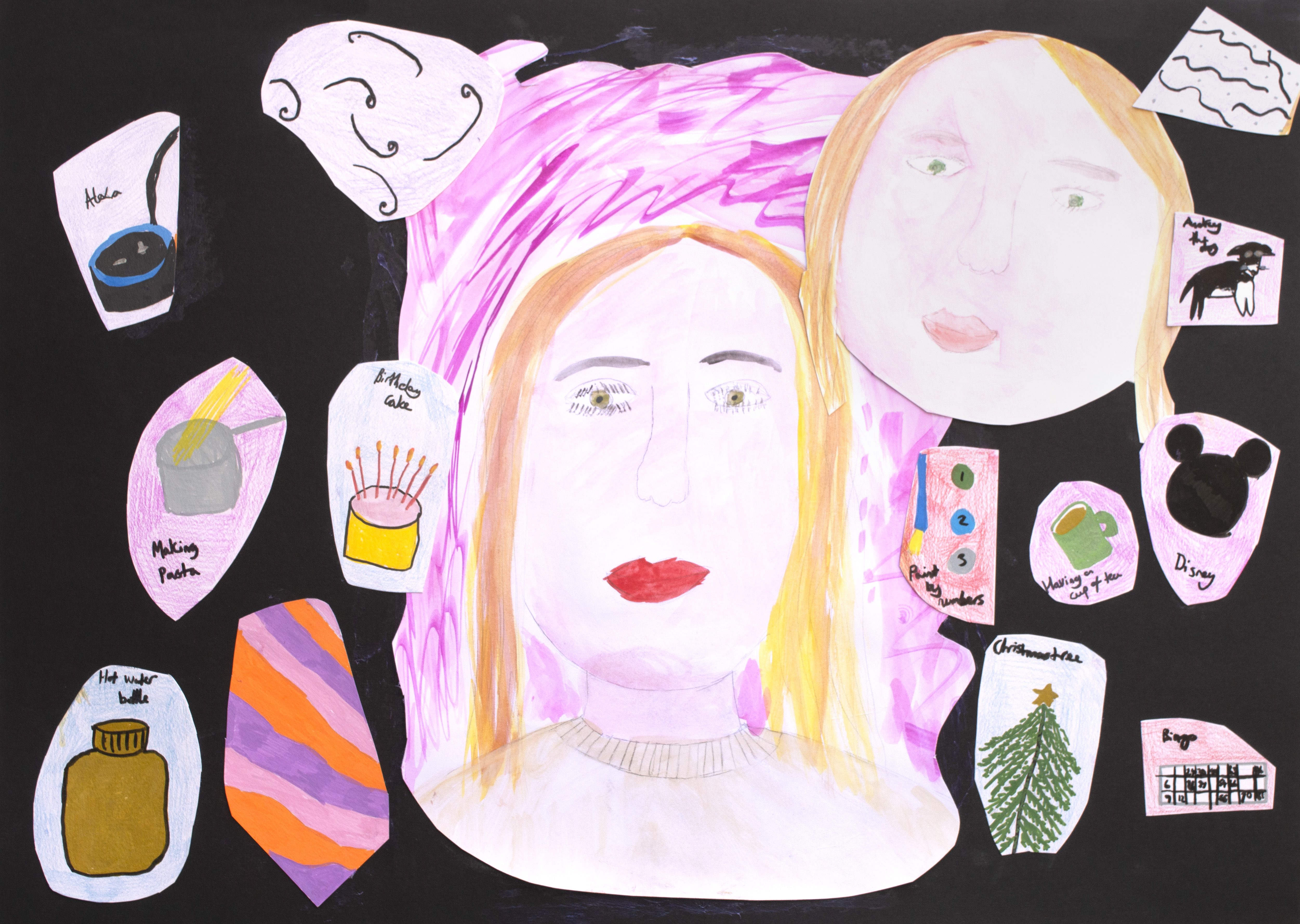 A colourful collage features hand-drawn faces, abstract shapes, and objects like a pasta saucepan, honey jar, Christmas tree, dog, and Mickey Mouse. The background is black with a large, purple-tinted portrait in the centre.
