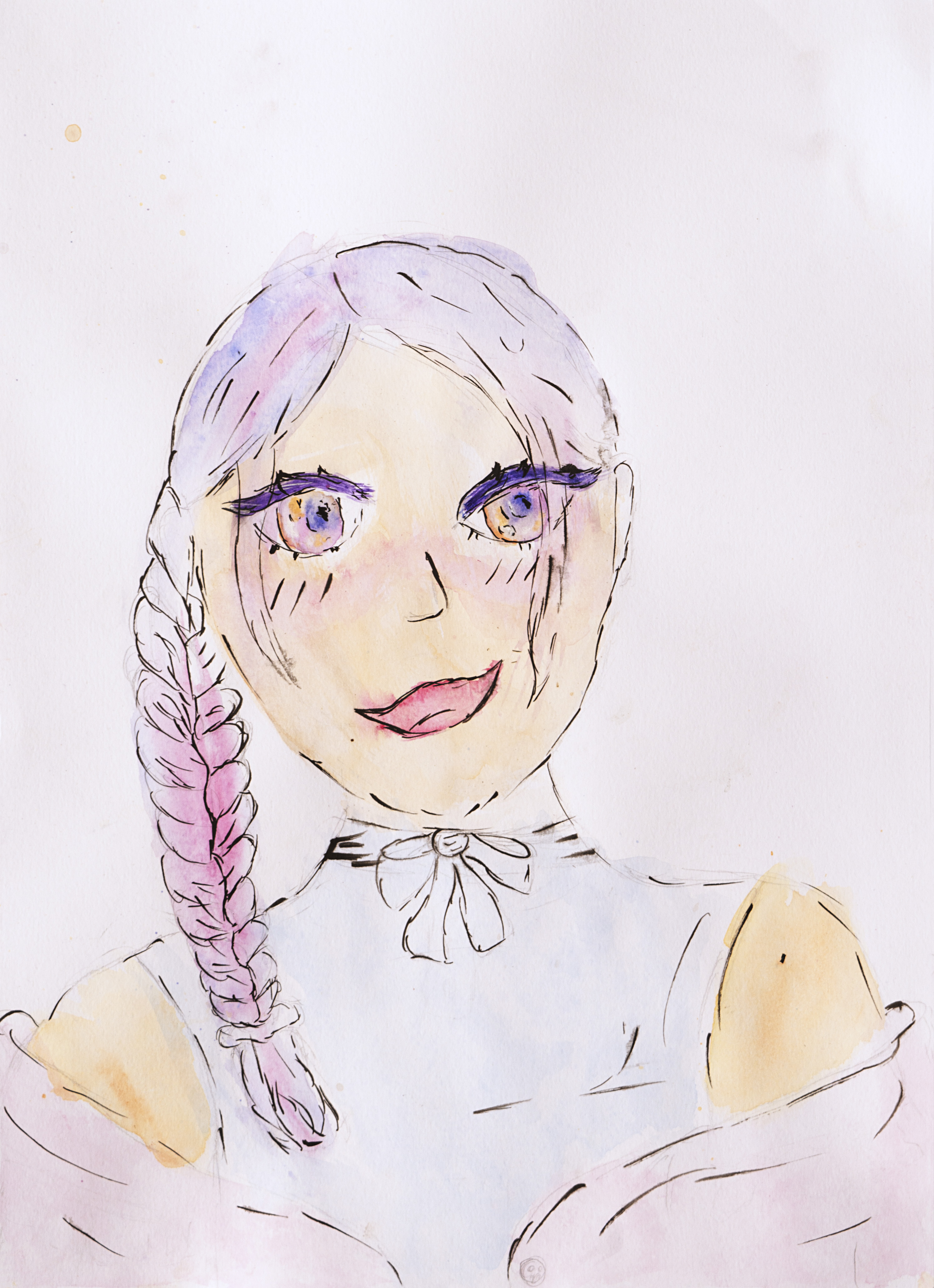 Watercolour portrait of a person with purple eyes and pale skin, wearing a white top and a ribbon at the neck, with long, plaited lavender hair draped over one shoulder.