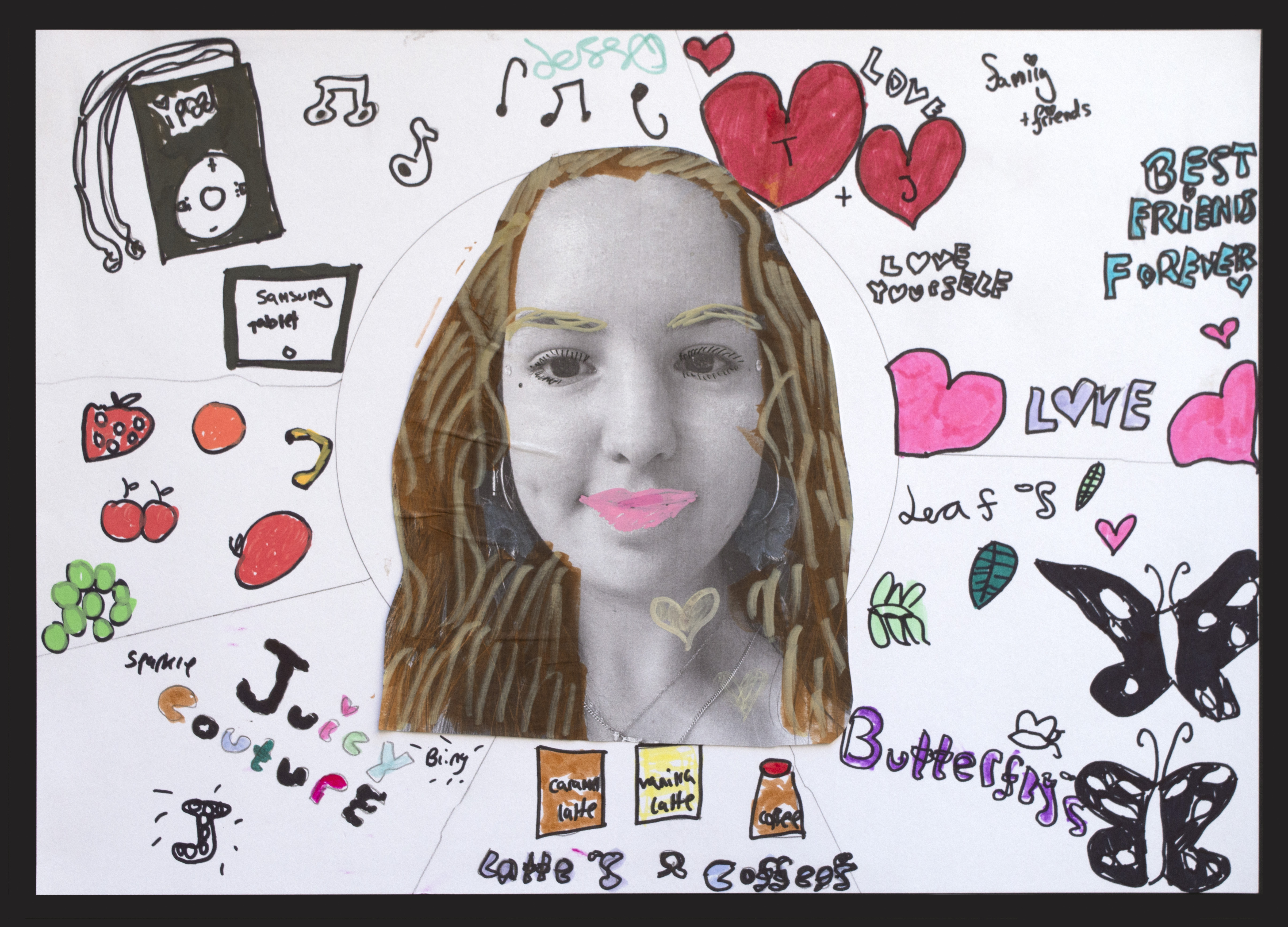 A black-and-white portrait of a girl is centred on a page filled with colourful doodles, including hearts, butterflies, fruit, drinks, music notes, and handwritten phrases like Love, Best Friends Forever, and Juicy Couture.