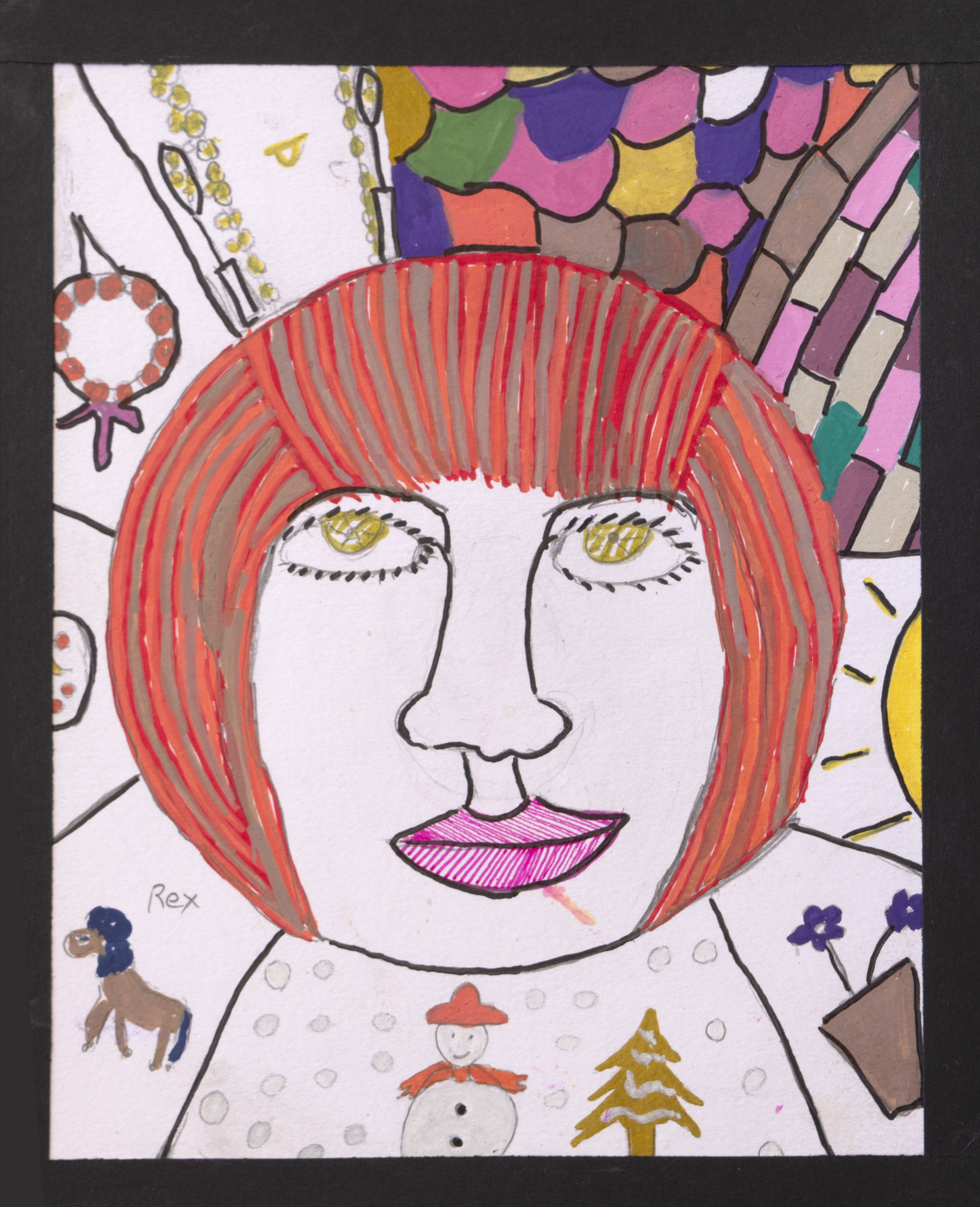 Colourful drawing of a face with red hair, large eyes, and pink lips. The background features patterns, a sun, objects like a snowman, and animals. The image has a playful, childlike style with bold outlines.