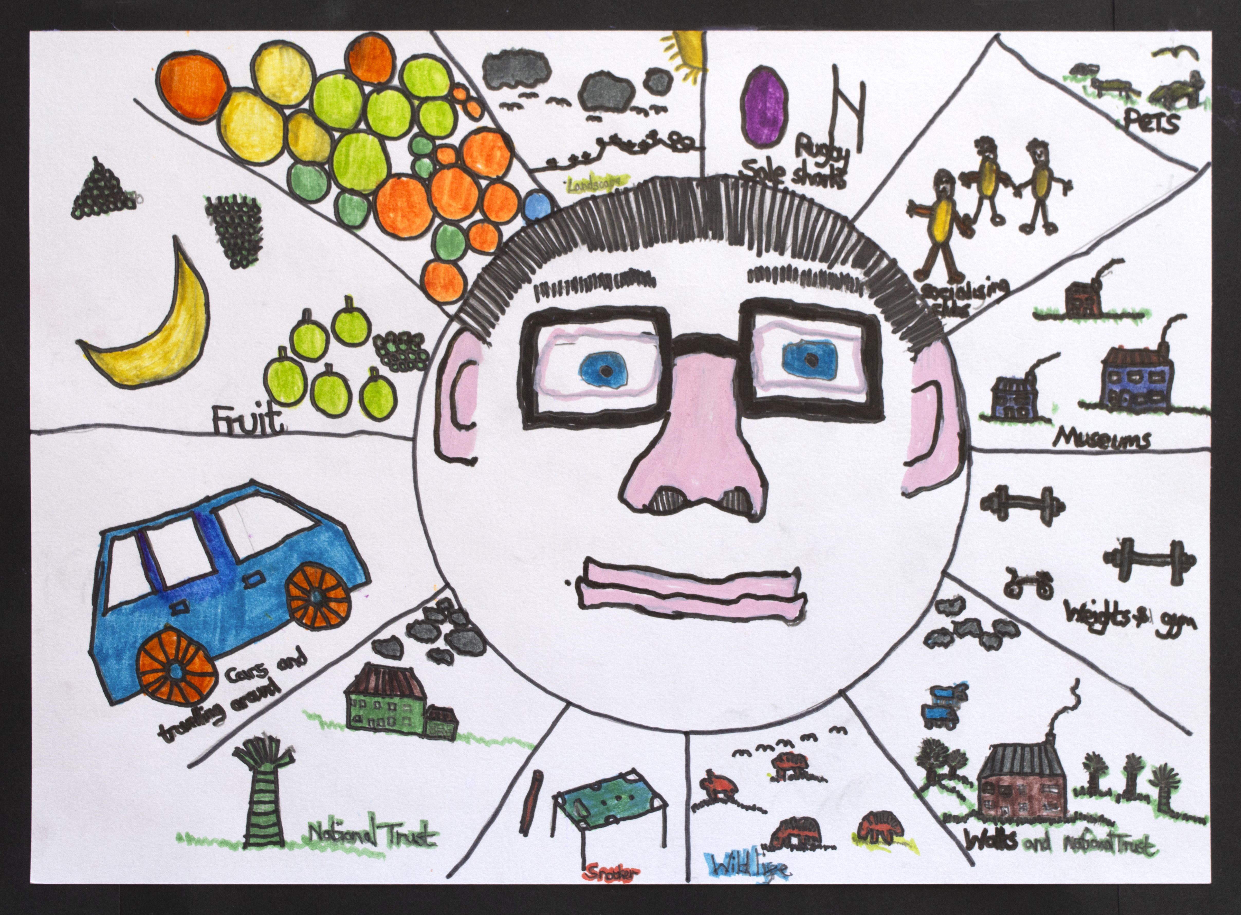A drawing of a face with glasses is divided by lines into sections showing labelled images: fruit, car, trees, pets, museums, gym, home, petrol, shelter, and other daily life scenes.