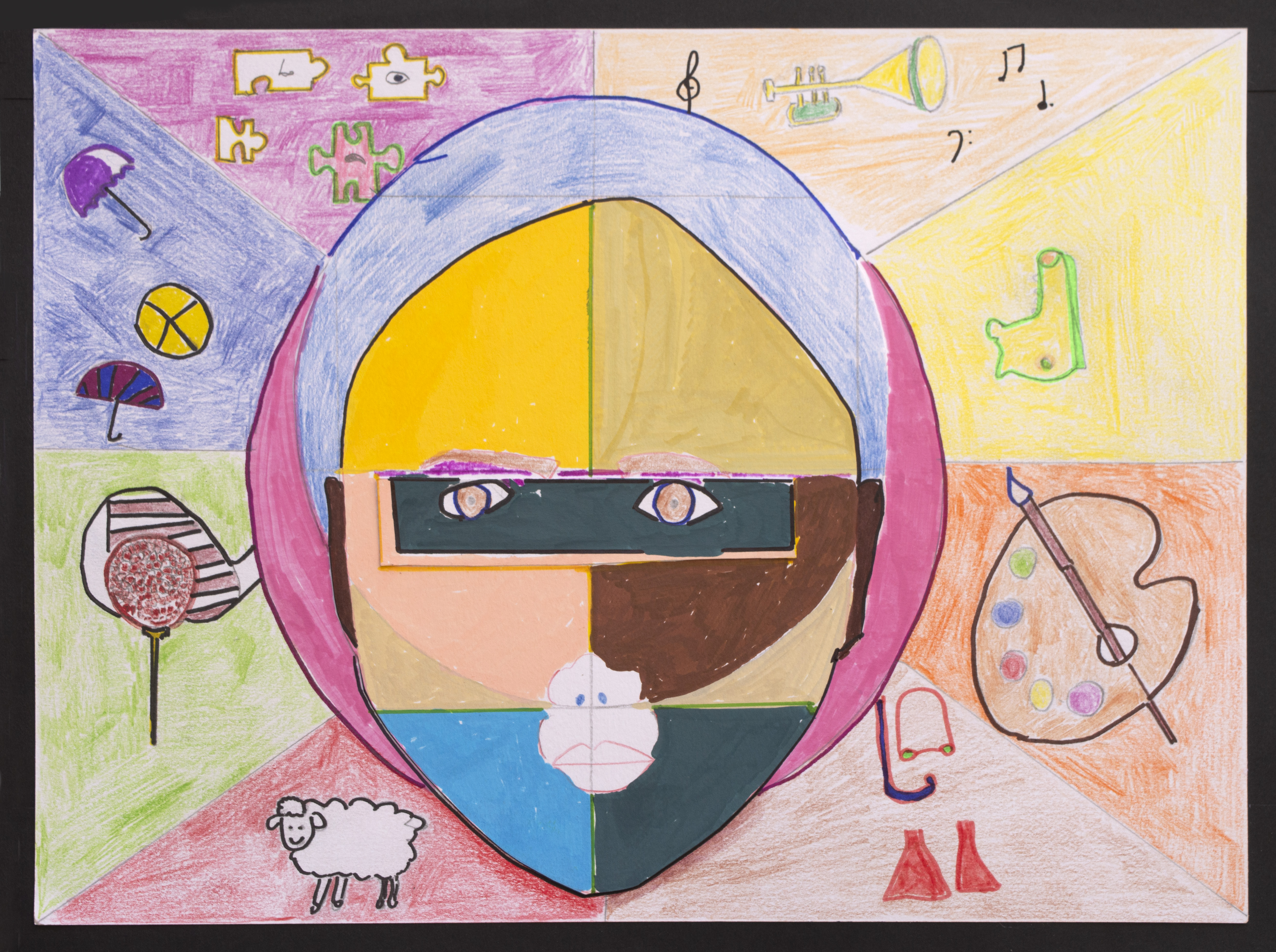 A colourful drawing of a symmetrical face, divided into sections with different colours. Surrounding the face are various icons including a basketball, umbrella, sock, trumpet, artist’s palette, sheep, lollipop, and musical notes.