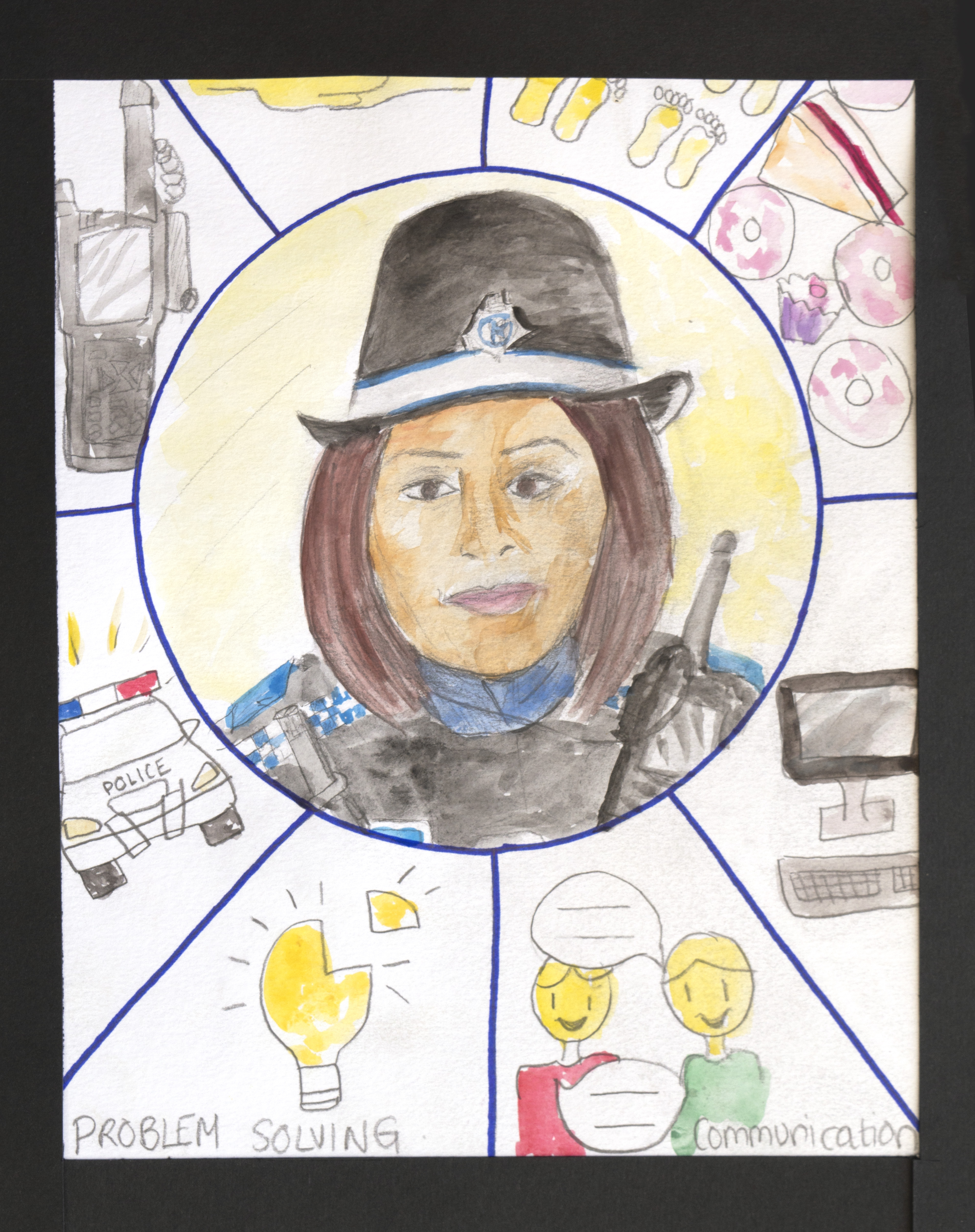 Watercolour drawing of a female police officer in uniform is centred in a circle, surrounded by images representing policing: walkie-talkie, handcuffs, police car, handshake, lightbulb, and two people talking.