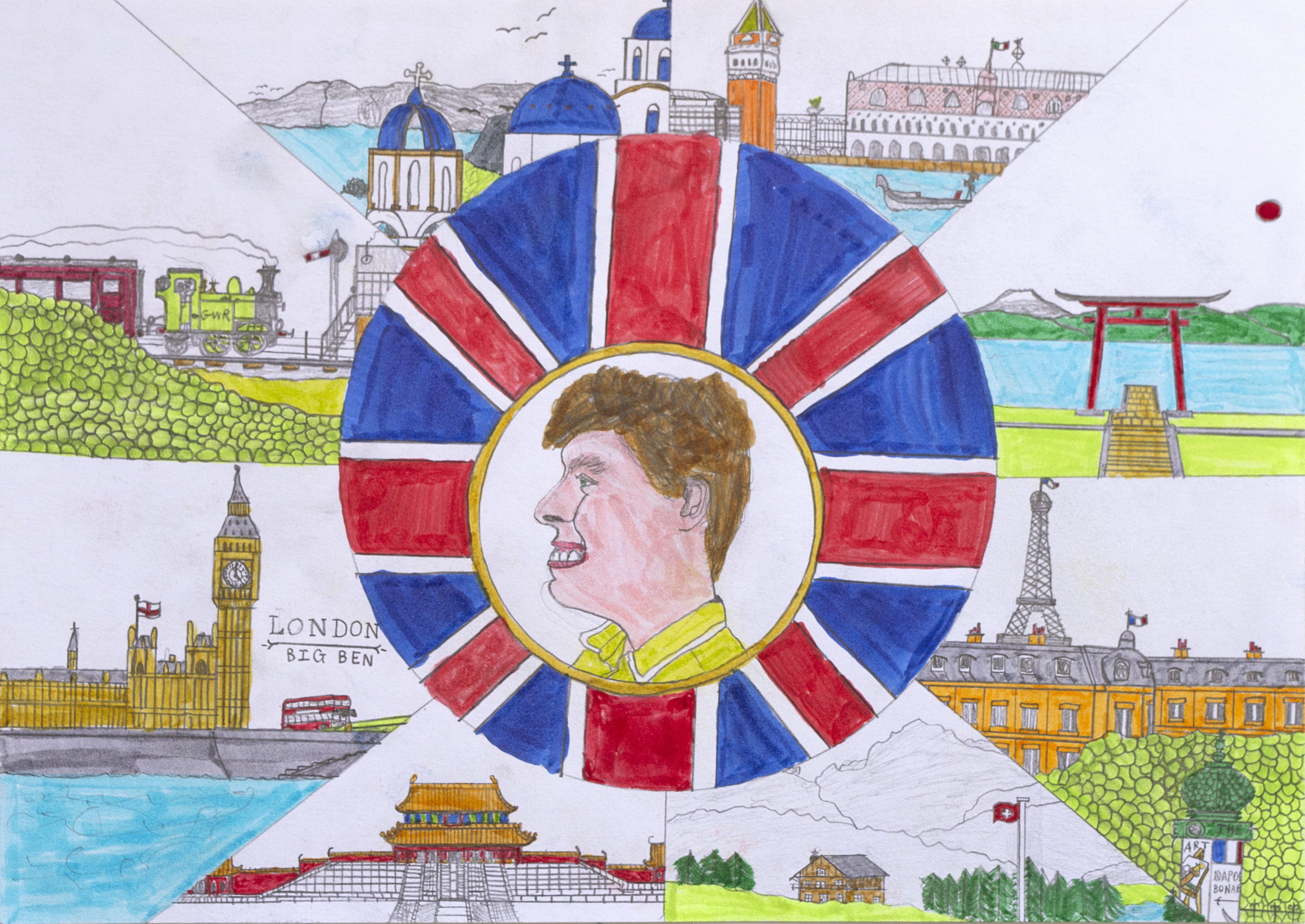 A hand-drawn collage shows a person in a yellow shirt inside a Union Jack circle, surrounded by landmarks: Big Ben, Santorini, Eiffel Tower, Venice, a torii gate, and Beijing's Forbidden City.