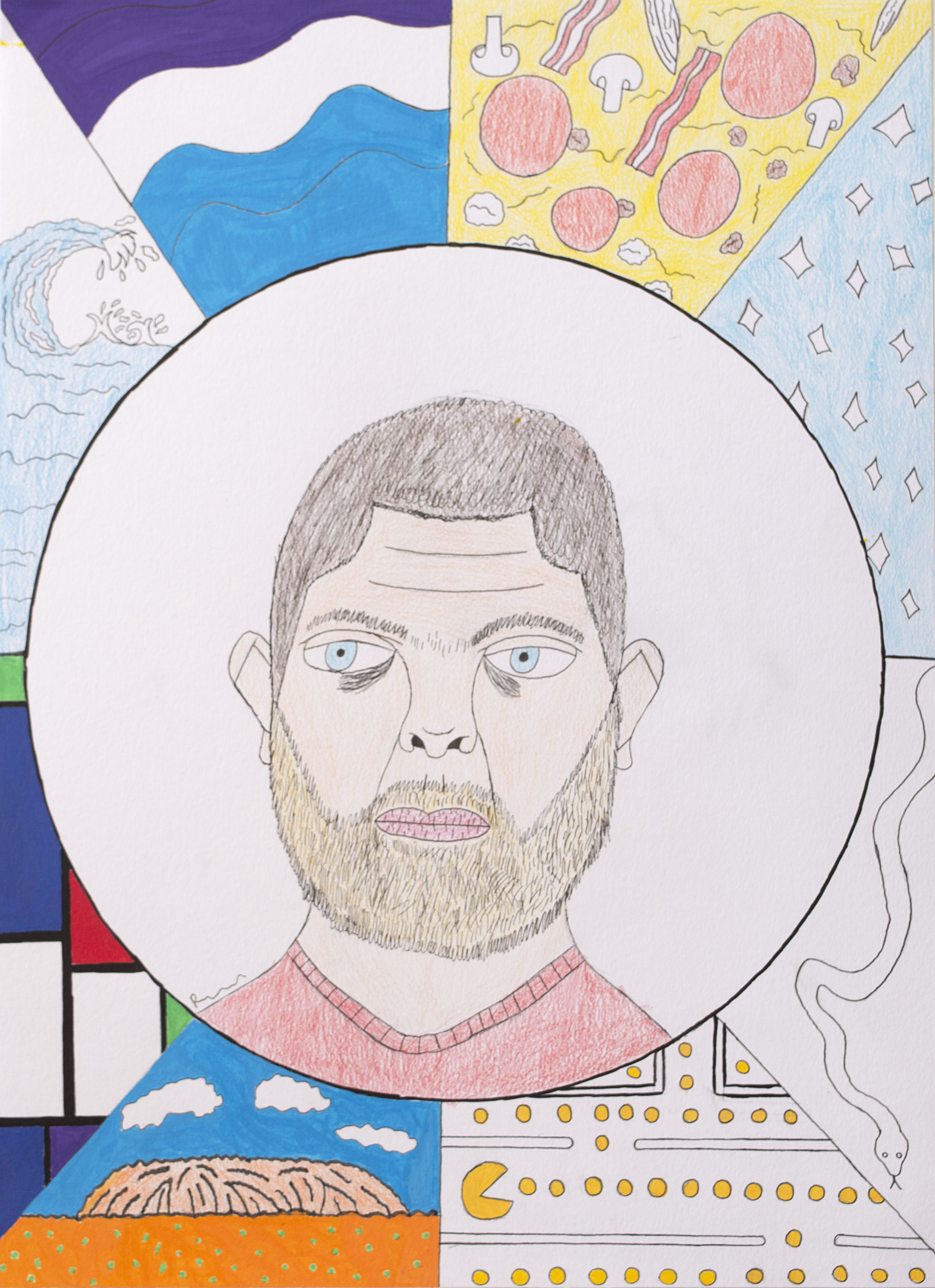 A hand-drawn portrait of a bearded person is centred in a circle, surrounded by colourful sections featuring waves, pizza slices, geometric shapes, clouds, a pie, and a Pac-Man pattern.