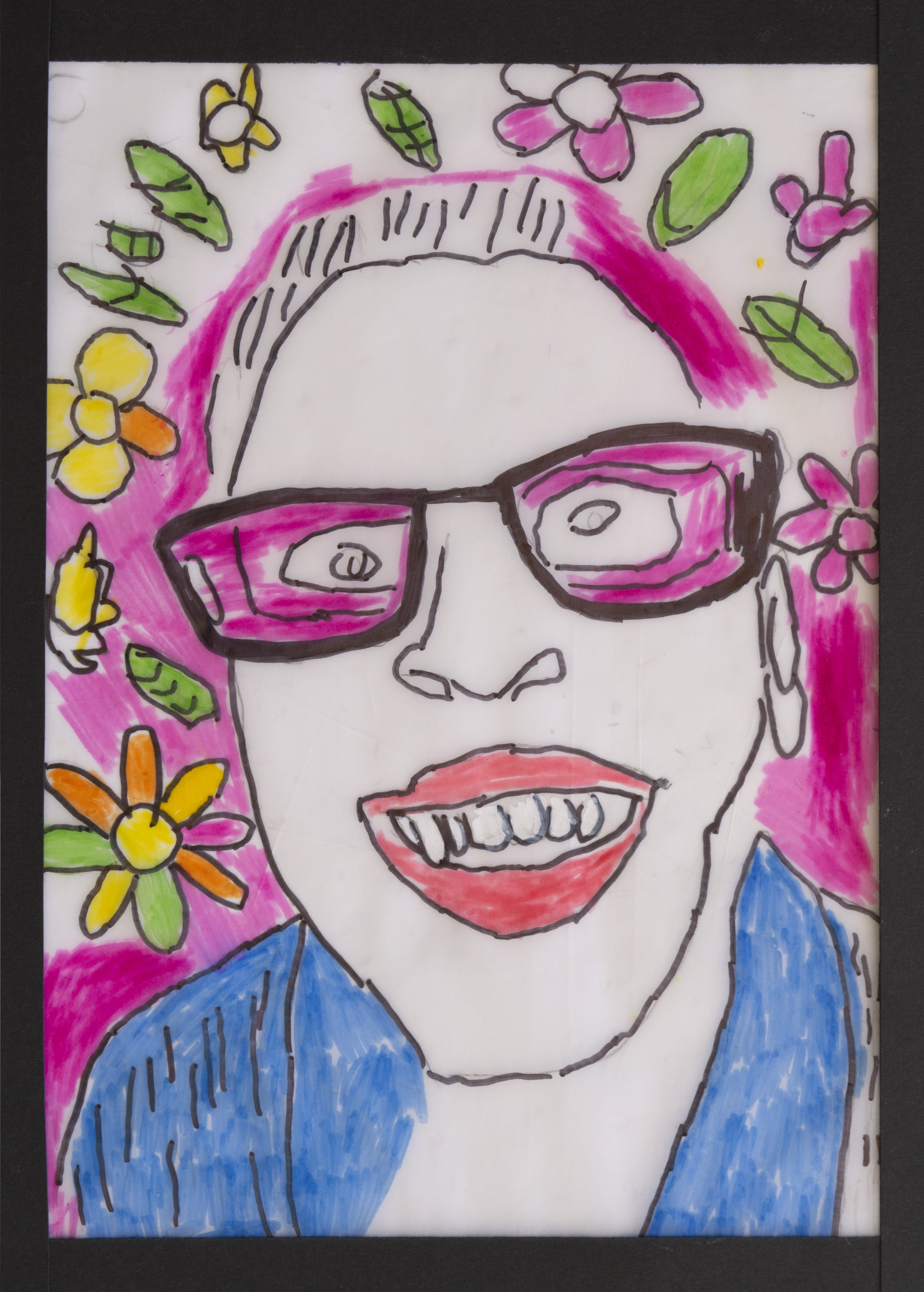 A colourful drawing of a smiling person wearing glasses with flowers and green leaves in the background. The person has short hair and is wearing a blue top. Pink highlights decorate the background.