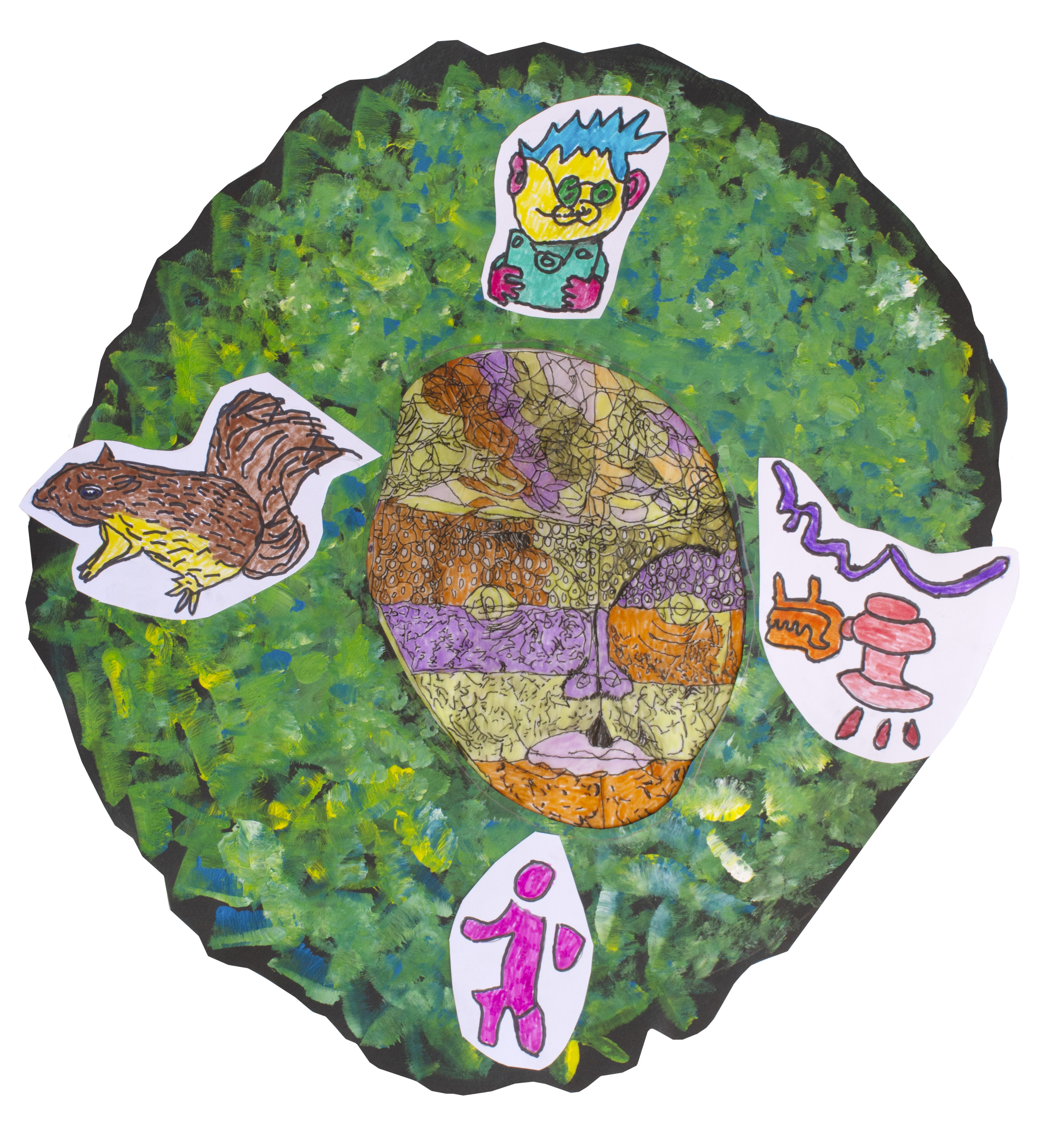 A collage with a central abstract face surrounded by four colourful drawings: a bird, a cartoonish face, a pink mushroom with shapes, and a pink human figure, all set against a textured green circular background.