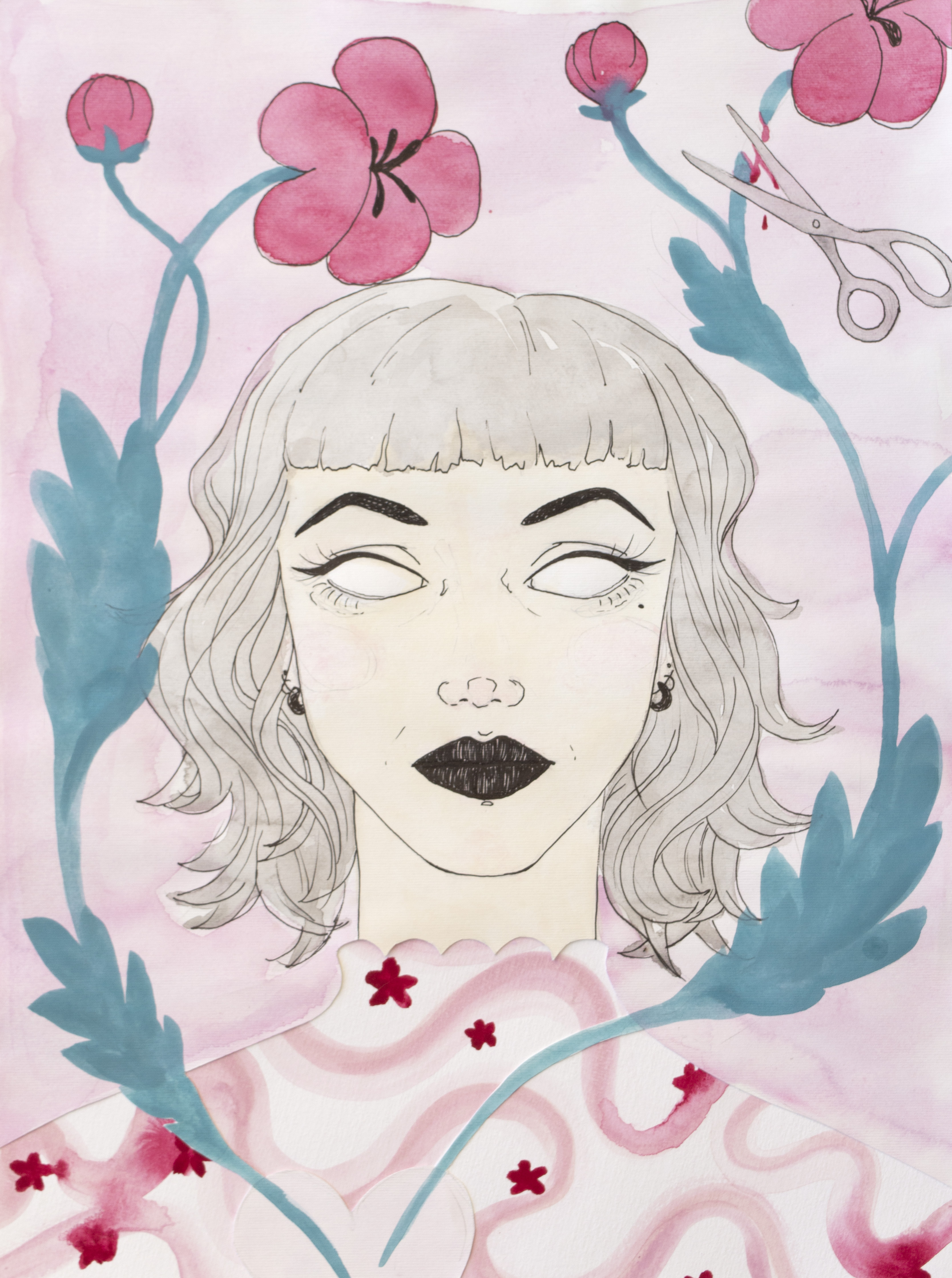 A stylised drawing of a woman with white eyes, black lipstick, and wavy hair surrounded by blue and pink flowers, with scissors floating in the background. The background is mostly light pink with swirling patterns.