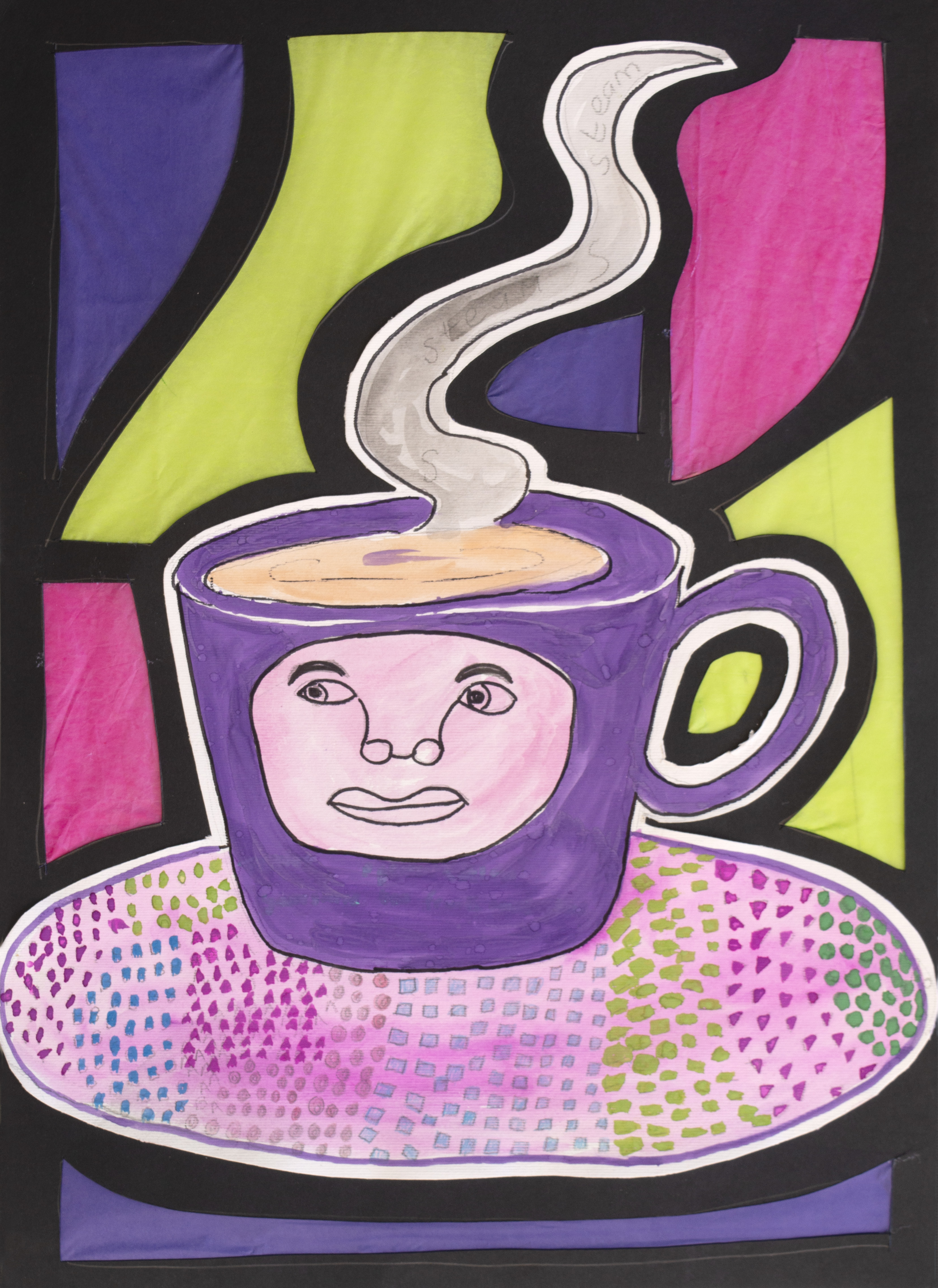 A colourful illustration of a purple coffee cup with a human face on it, sitting on a patterned saucer. Steam rises from the cup, and bold, abstract shapes fill the background in green, purple, and pink.