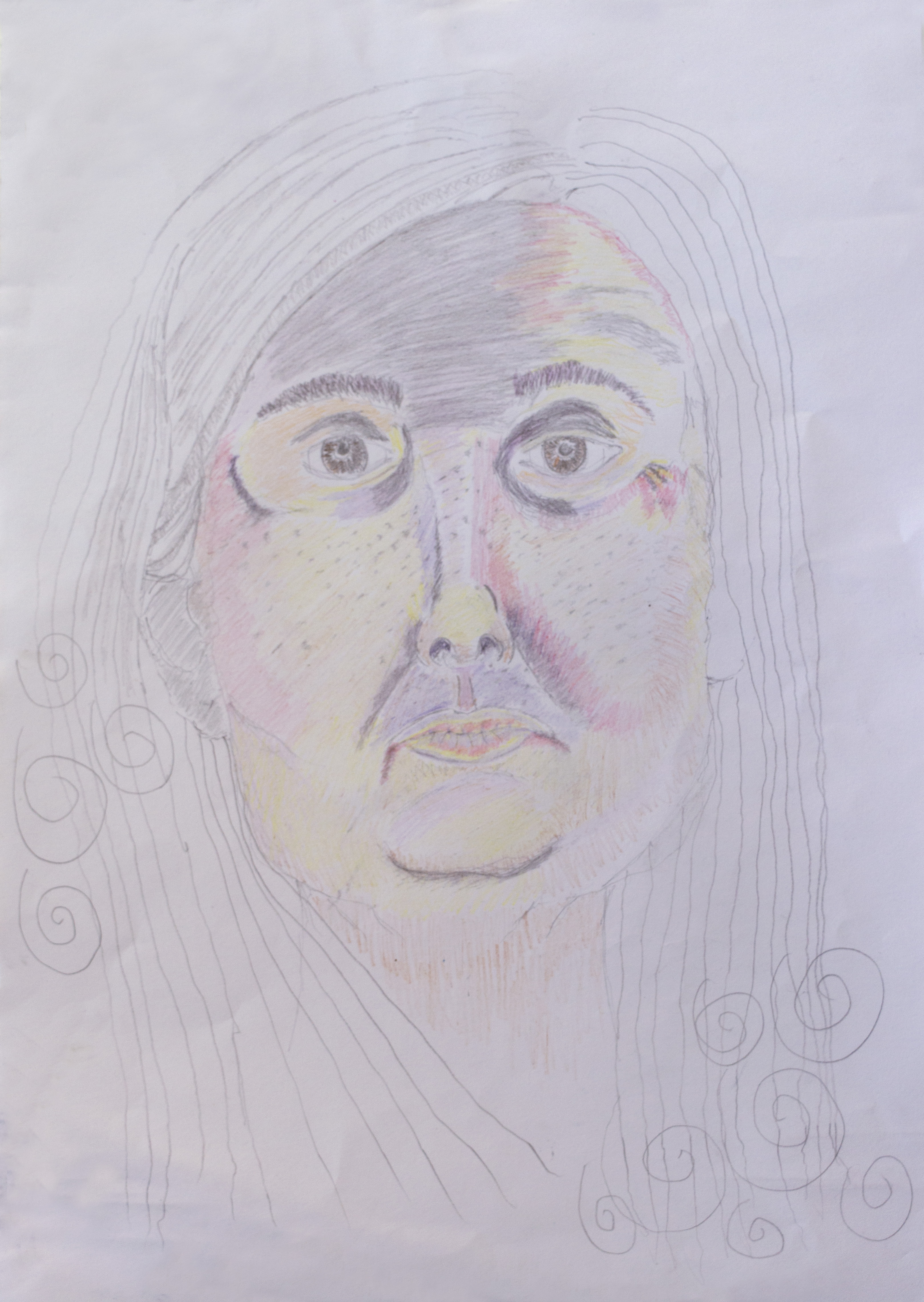 A pencil and coloured pencil portrait of a person with long hair, glasses, and a neutral expression, featuring light shading and subtle colours on the face. Spiral patterns are drawn in the hair.