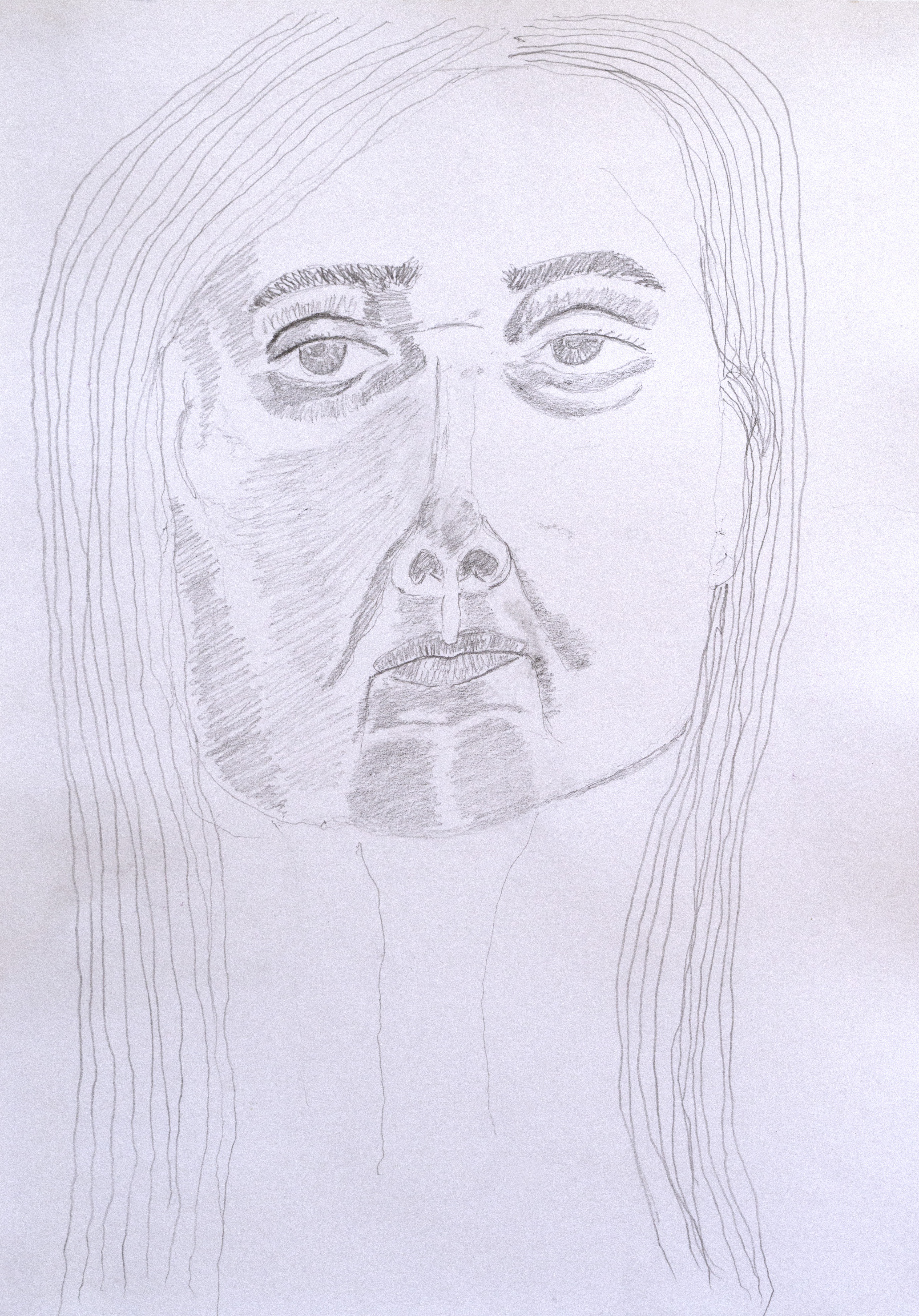 Pencil sketch of a person with long hair, serious expression, and prominent facial features. The drawing uses shading to highlight the face's contours.