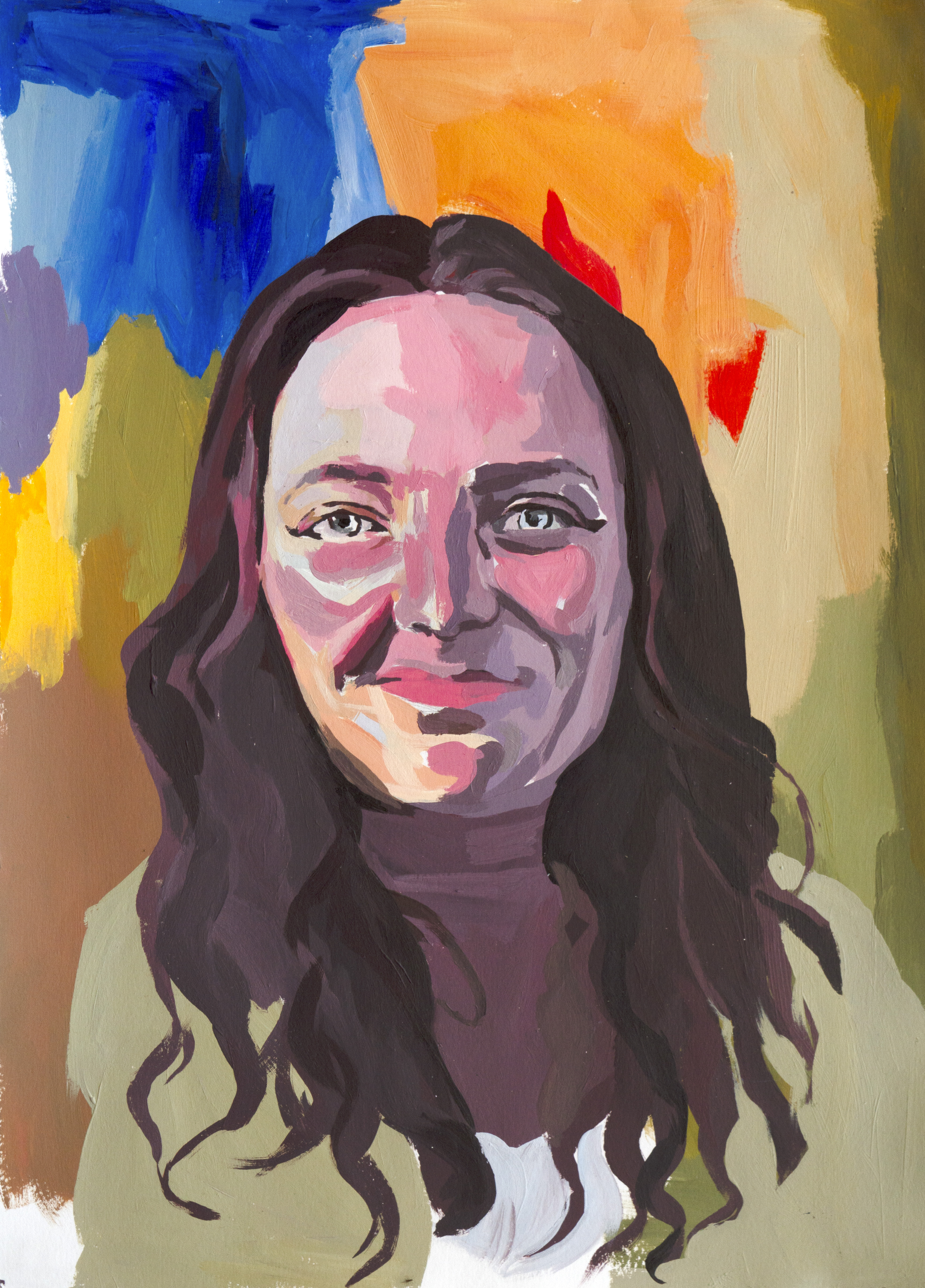 A colourful painting of a woman with long dark hair, light skin, and a slight smile, set against an abstract background of blue, orange, yellow, and olive green brushstrokes.