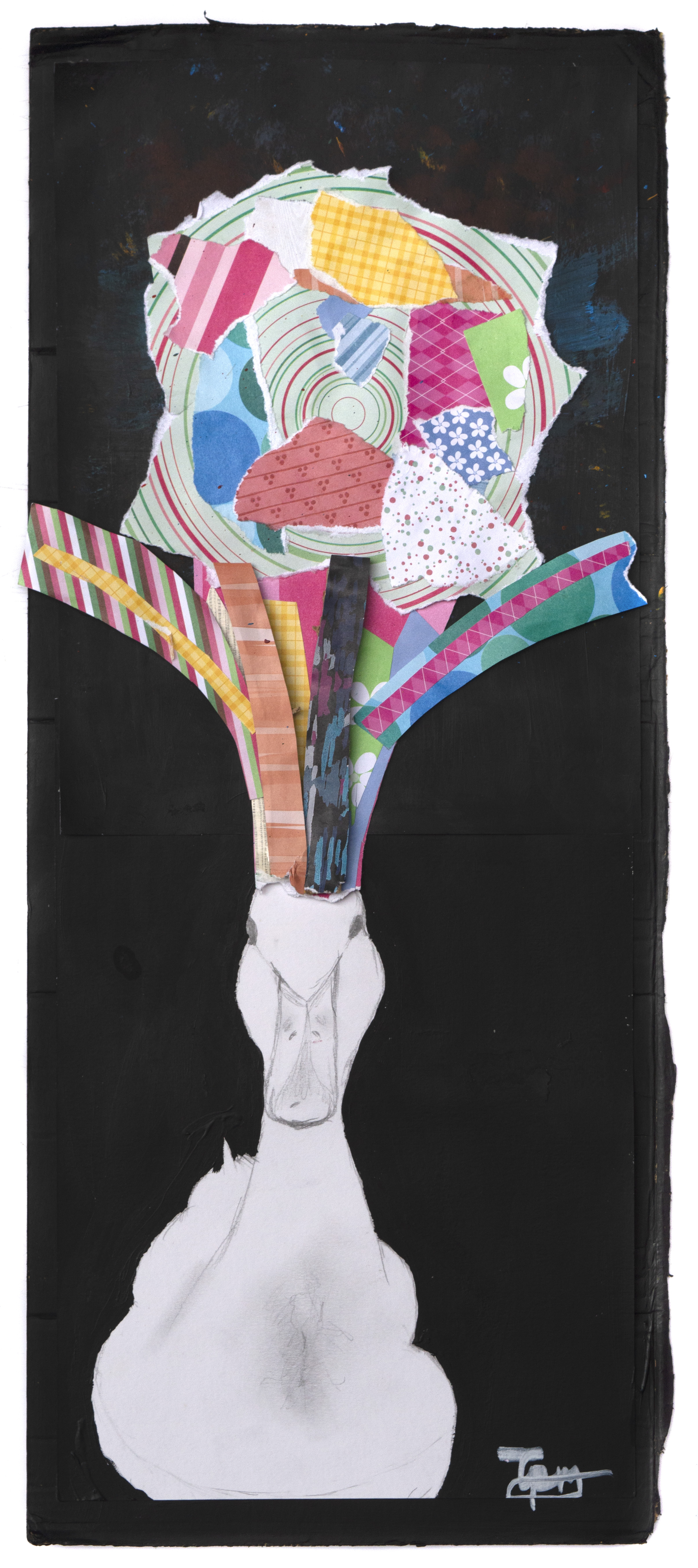 A collage artwork of a vase holding multicoloured, patterned paper flowers and stems, set against a solid black background. The vase is mostly sketched in white, contrasting with the vibrant, textured flower arrangement above.