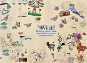 A collage of colourful hand-drawn animals, trees, and local landmarks surrounds the text Wild Stratford-upon-Avon: Mapping our favourite local spots and memories on a light background.
