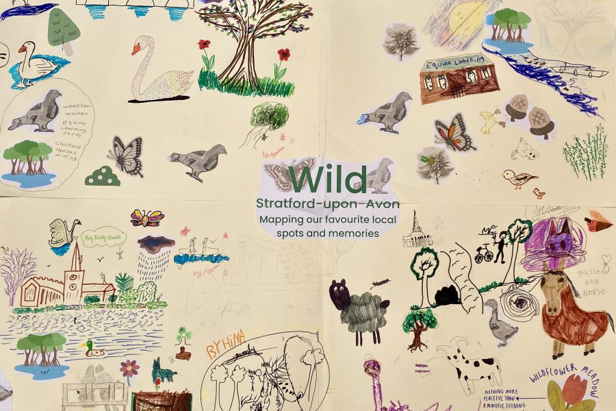 A collage of colourful hand-drawn animals, trees, and local landmarks surrounds the text Wild Stratford-upon-Avon: Mapping our favourite local spots and memories on a light background.