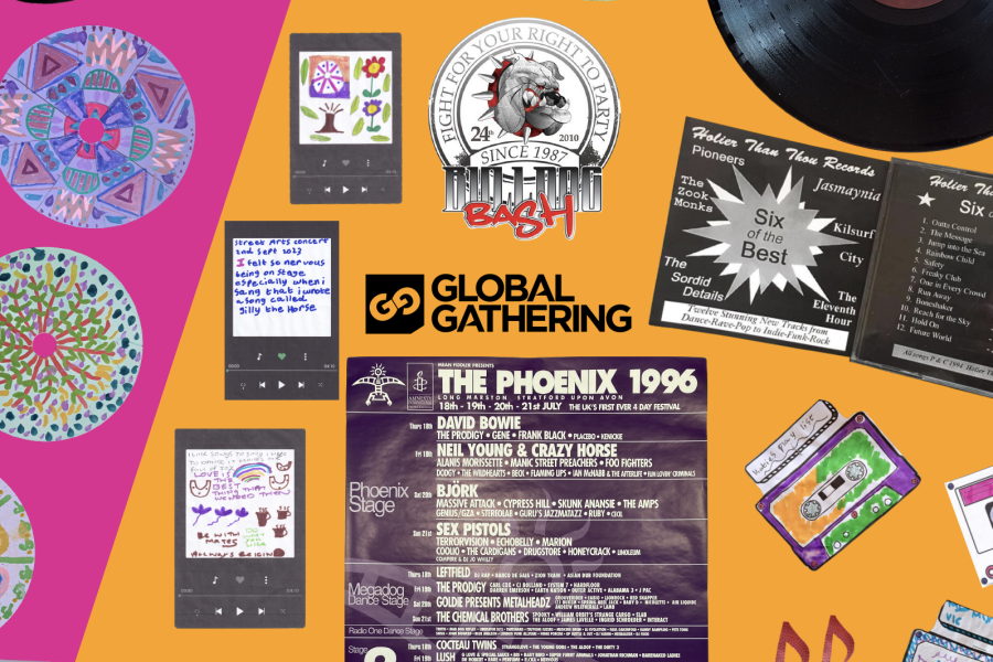 A collage featuring concert flyers, a vinyl record, handwritten notes, colourful drawings, and the Global Gathering logo on an orange background. Musical notes and patterns are scattered throughout.