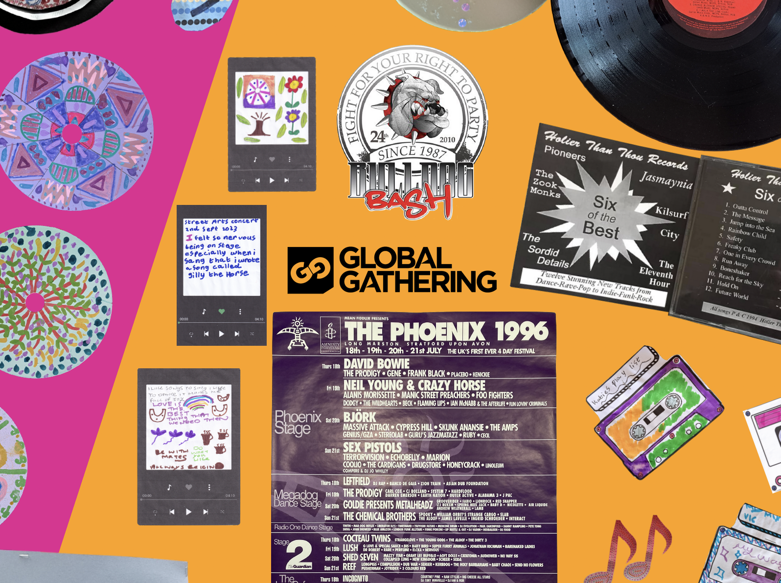 A collage featuring concert flyers, a vinyl record, handwritten notes, colourful drawings, and the Global Gathering logo on an orange background. Musical notes and patterns are scattered throughout.