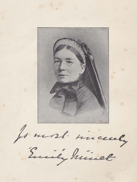 A vintage black-and-white portrait of a woman in Victorian attire, with spectacles and a headscarf. Below the portrait is a handwritten signature that reads: Yours sincerely, Emily Műnst..