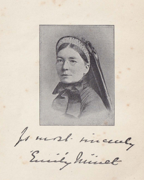 Black and white portrait of a woman in 19th-century attire with glasses and a bonnet. Below the photo is a handwritten signature that reads, Yours sincerely, Emily Innes.